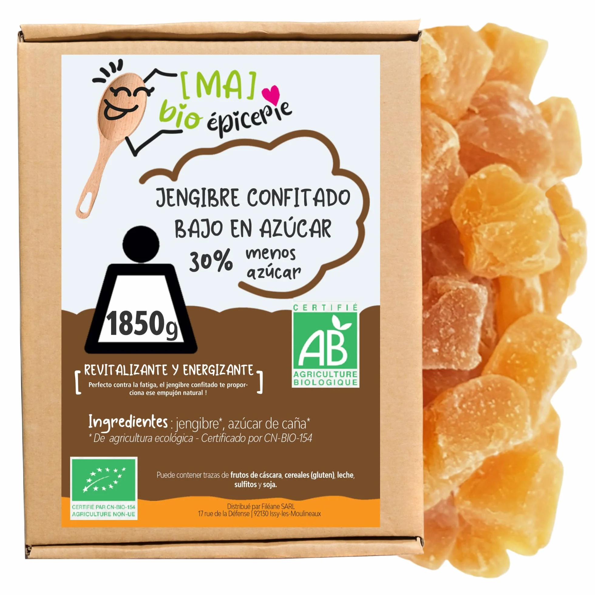 MA bio-épicerie - Jengibre Confitado Ecológico Reducido en Azúcar -30% en Cubitos 1850 g - Jengibre Deshidratado a Granel sin Conservantes - Alternativa Más Ligera