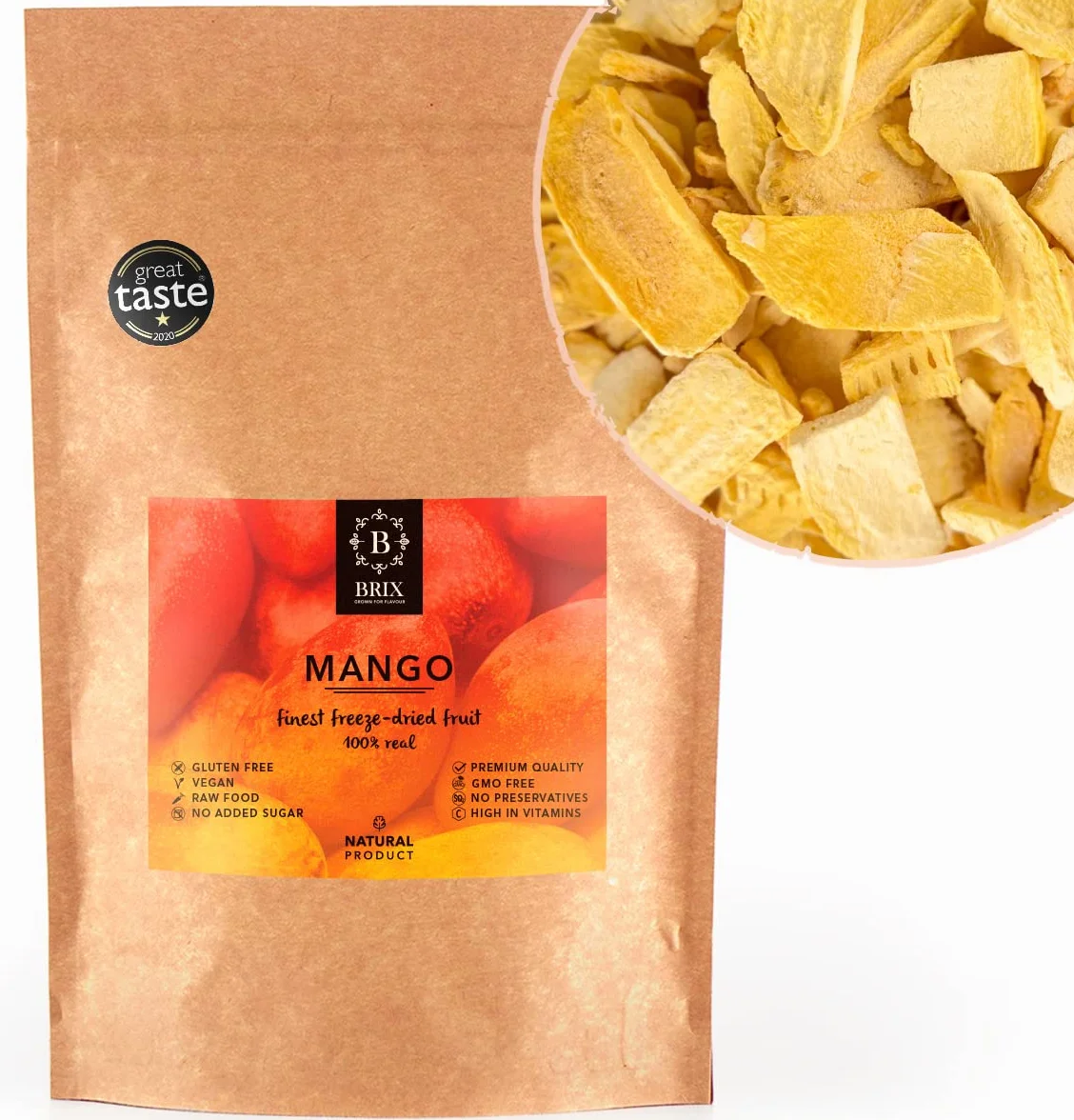BRIX Mango Liofilizado | Rodajas de Mango Deshidratado 100% Natural 95g | Premio Gran Sabor de Frutas Deshidratadas | Sin OGM ni Gluten, Vegano y Retenido de Vitaminas