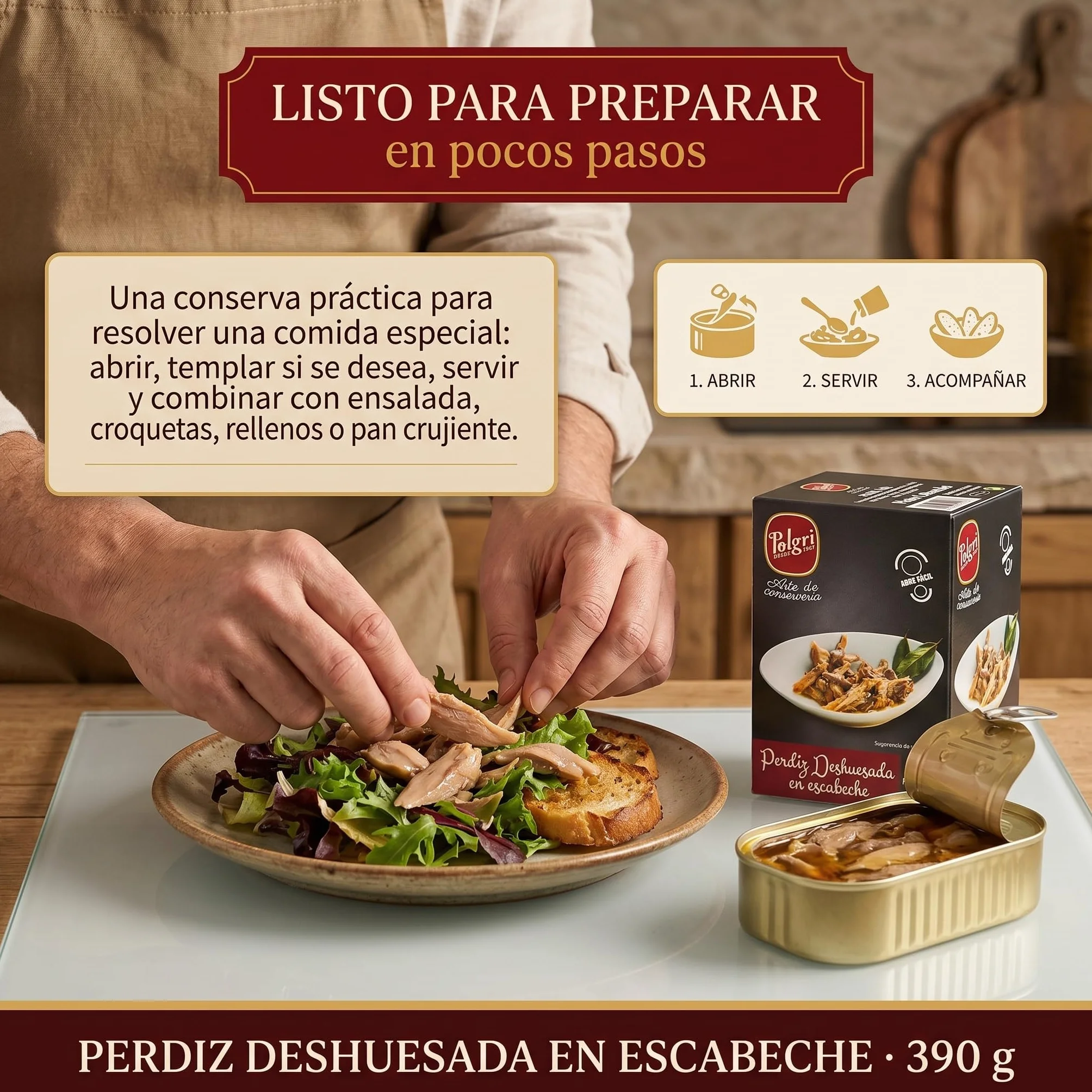 POLGRI Perdiz Deshuesada en Escabeche 390 g Lata Conserva Gourmet Carne de Caza