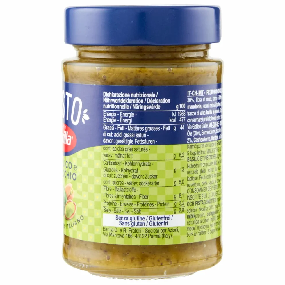 Barilla Pesto Basilico e Pistacchio 190 g Salsa Italiana Sin Gluten