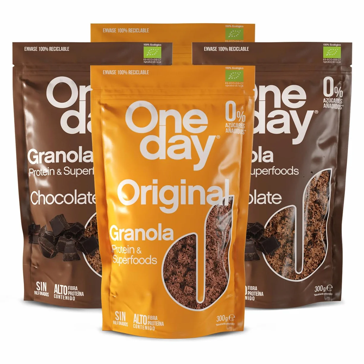 ONE DAY Granola Ecologica Sin Azucares Añadidos Alto en Proteína Superfoods Fibra Pack 4 x 300g
