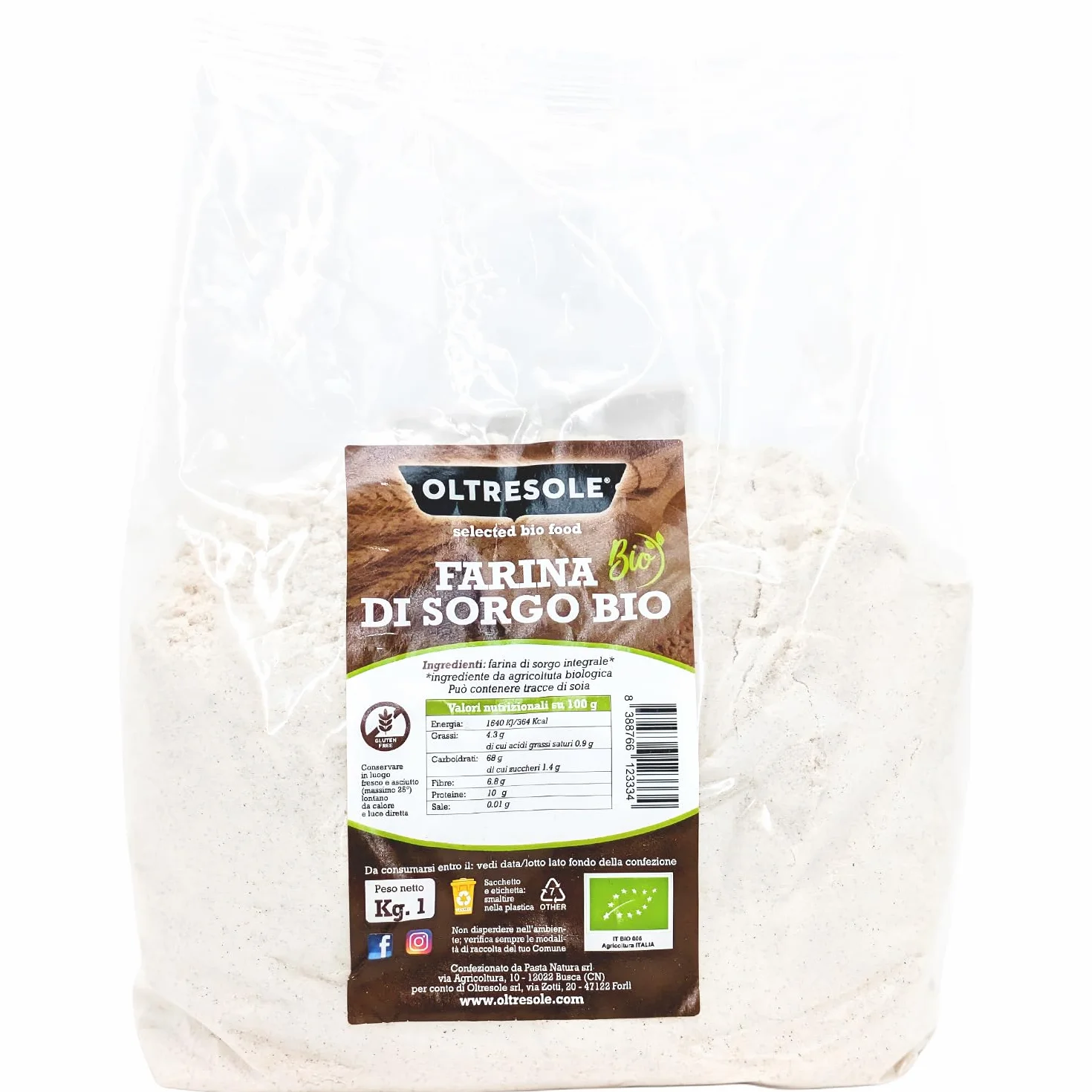 Oltresole, Harina de Sorgo Italiana Ecológica 1 Kg, Sin Gluten, Sin OGM, 100% Made in Italy, Ideal para Celíacos, Pan, Dulces y Pasta, Rica en Fibra y Proteínas