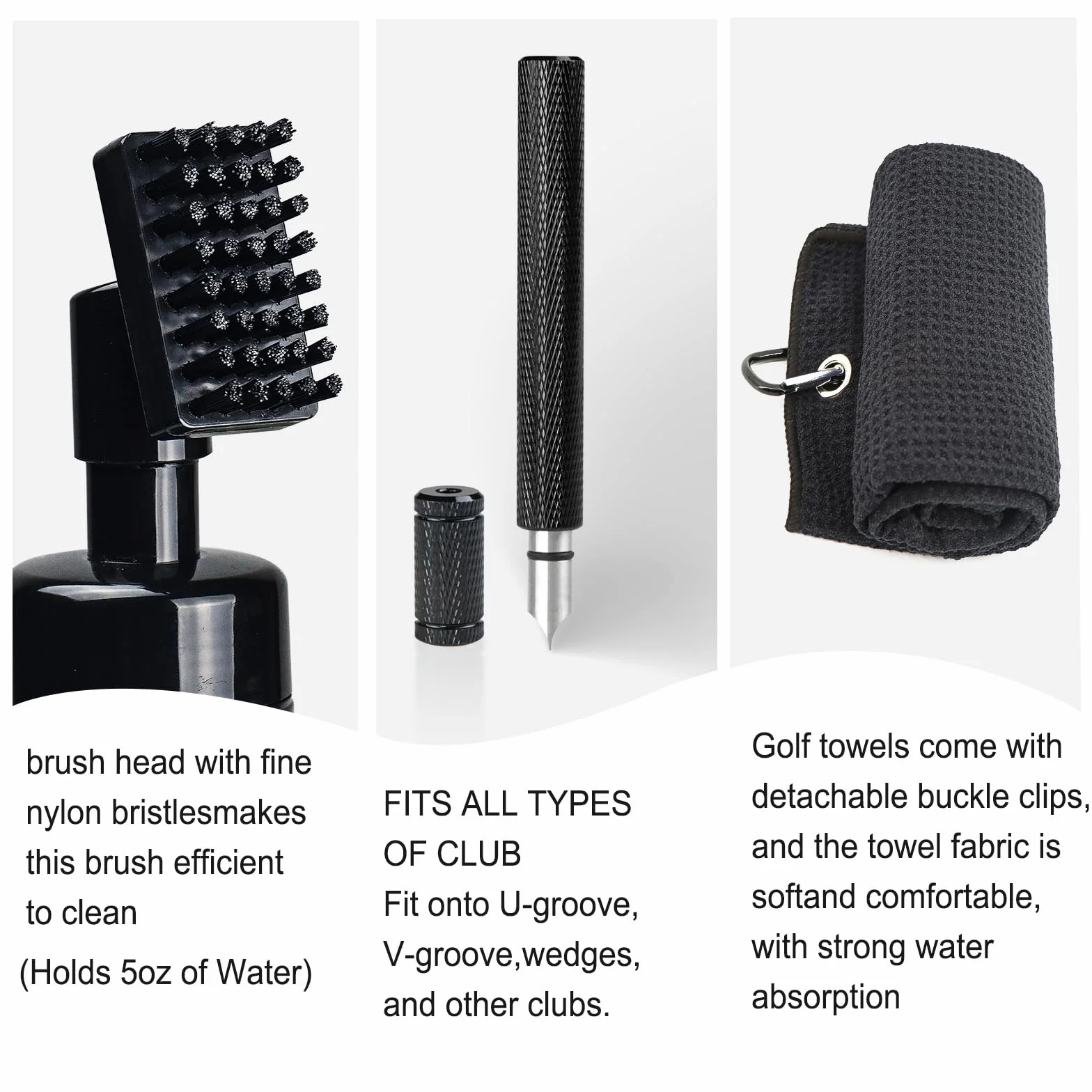 Kit de limpieza para palos de golf con afilador de ranura, toalla, cepillo de agua con botella spray y clip retráctil
