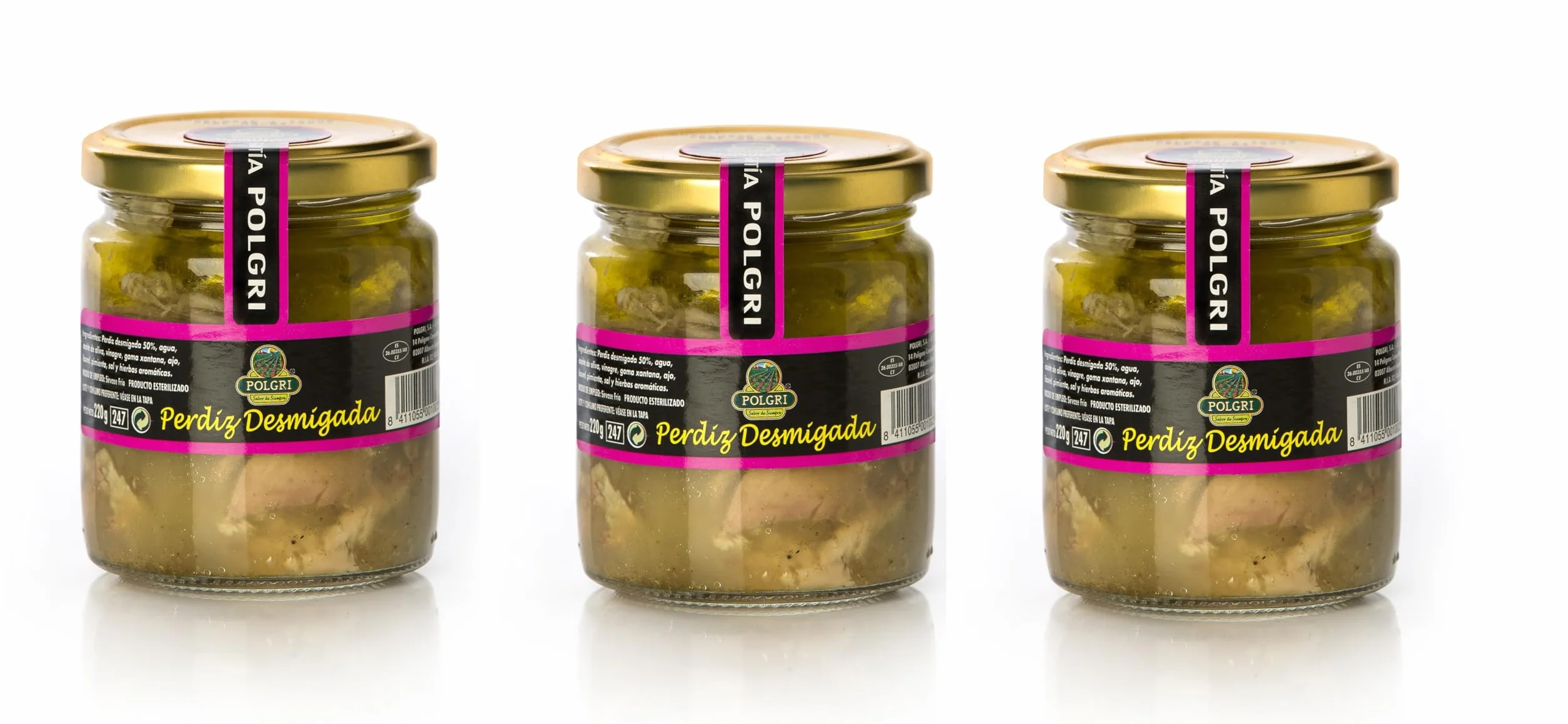 POLGRI Perdiz Deshuesada en Escabeche 220 g x 3 unds Frasco Vidrio Conserva Gourmet Carne de Caza