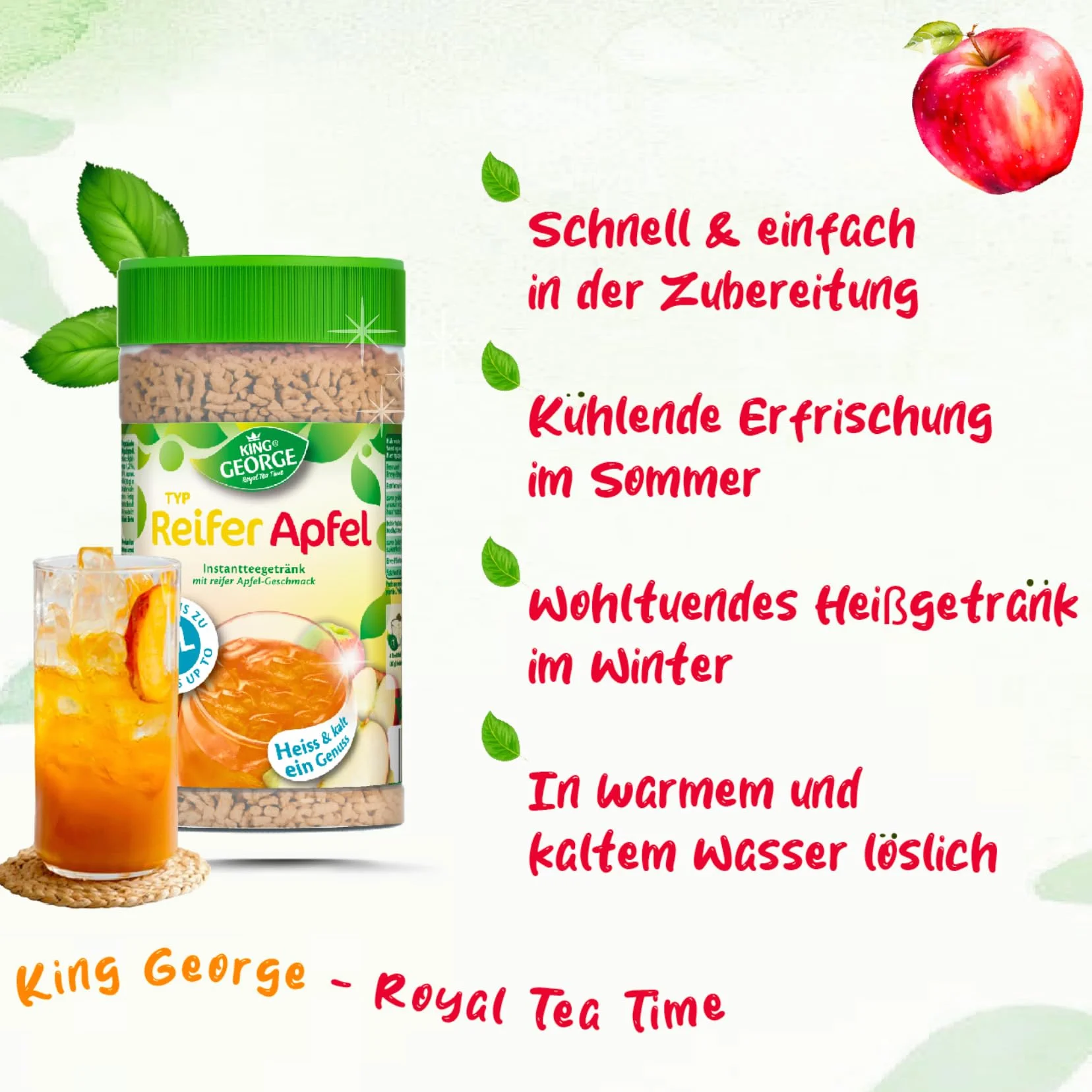 KING GEORGE Bebida instantánea de té de manzana madura, 6 x 400 g, bebida instantánea con sabor a manzana, caliente y fría, un placer, paquete de almacenamiento para té de migas, bebida para verano