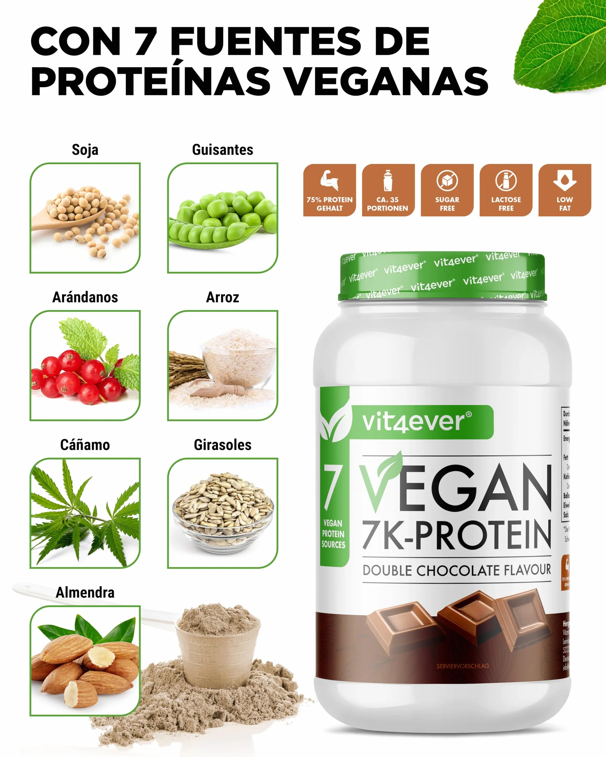 Vegan 7K Protein 1kg Doble Chocolate Proteína vegetal pura en polvo
