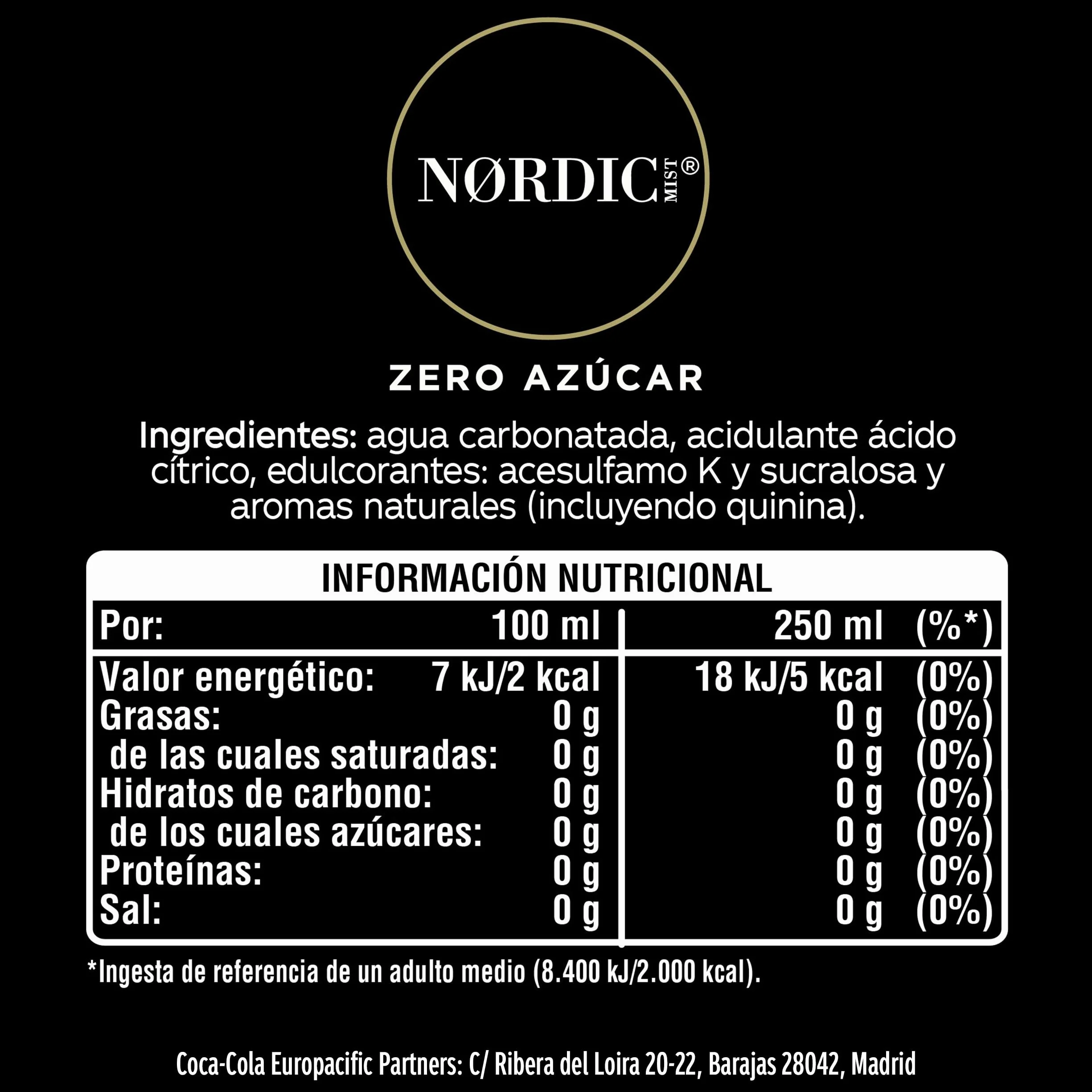 Nordic Mist Zero Azúcar, Refrescante Tónica sin Azúcar - Pack de 24 Latas de 250 ml