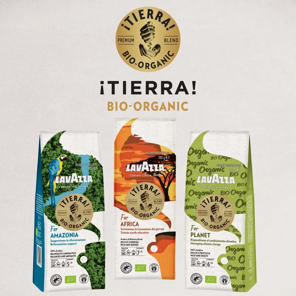Lavazza, ¡Tierra! for Planet, Café en Grano Natural para Máquina de Café Espresso-Superautomática, Notas de Frutos Tropicales y Flores, 100% Arábica, Intensidad 6, Tueste Ligero, 1Kg, Amazon Exclusive
