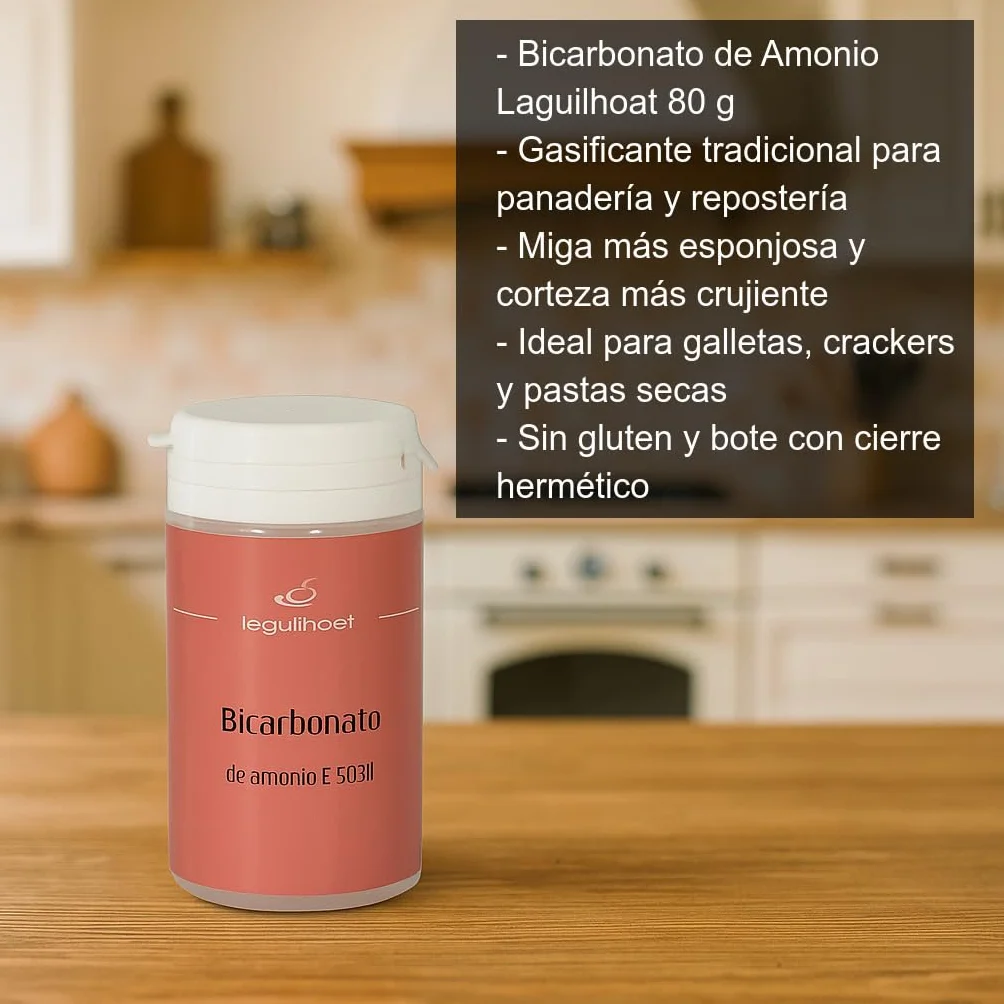 Bicarbonato de amonio 80 g para repostería y panadería Gasificante tradicional para galletas crujientes y masas ligeras Mejorador de masas sin gluten en bote hermético