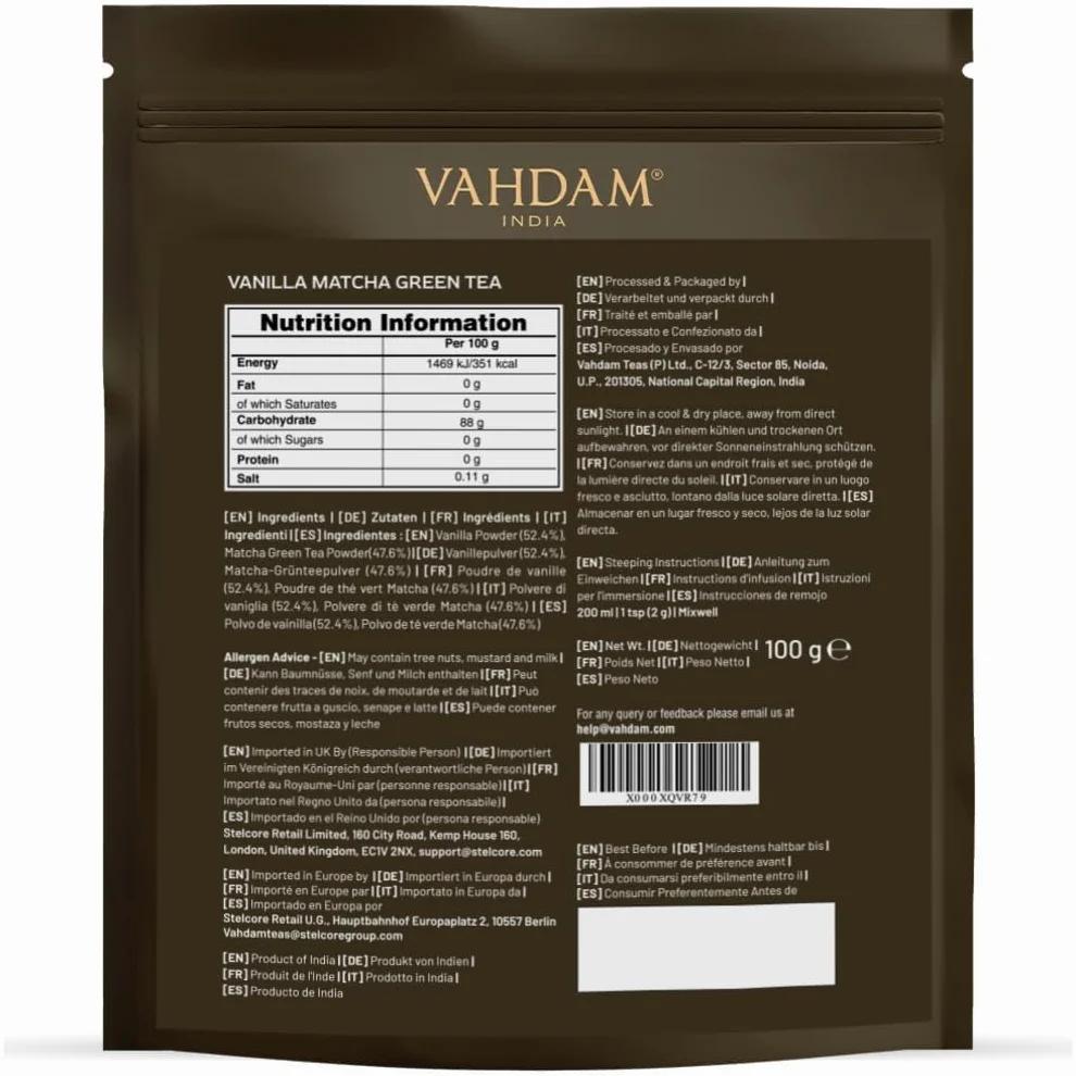 VAHDAM Polvo de Matcha Vainilla 100g-50 Tazas | Matcha Uji & Vainilla de Madagascar | 100% Natural | Té Verde Japonés Premium | Para Latte & Té