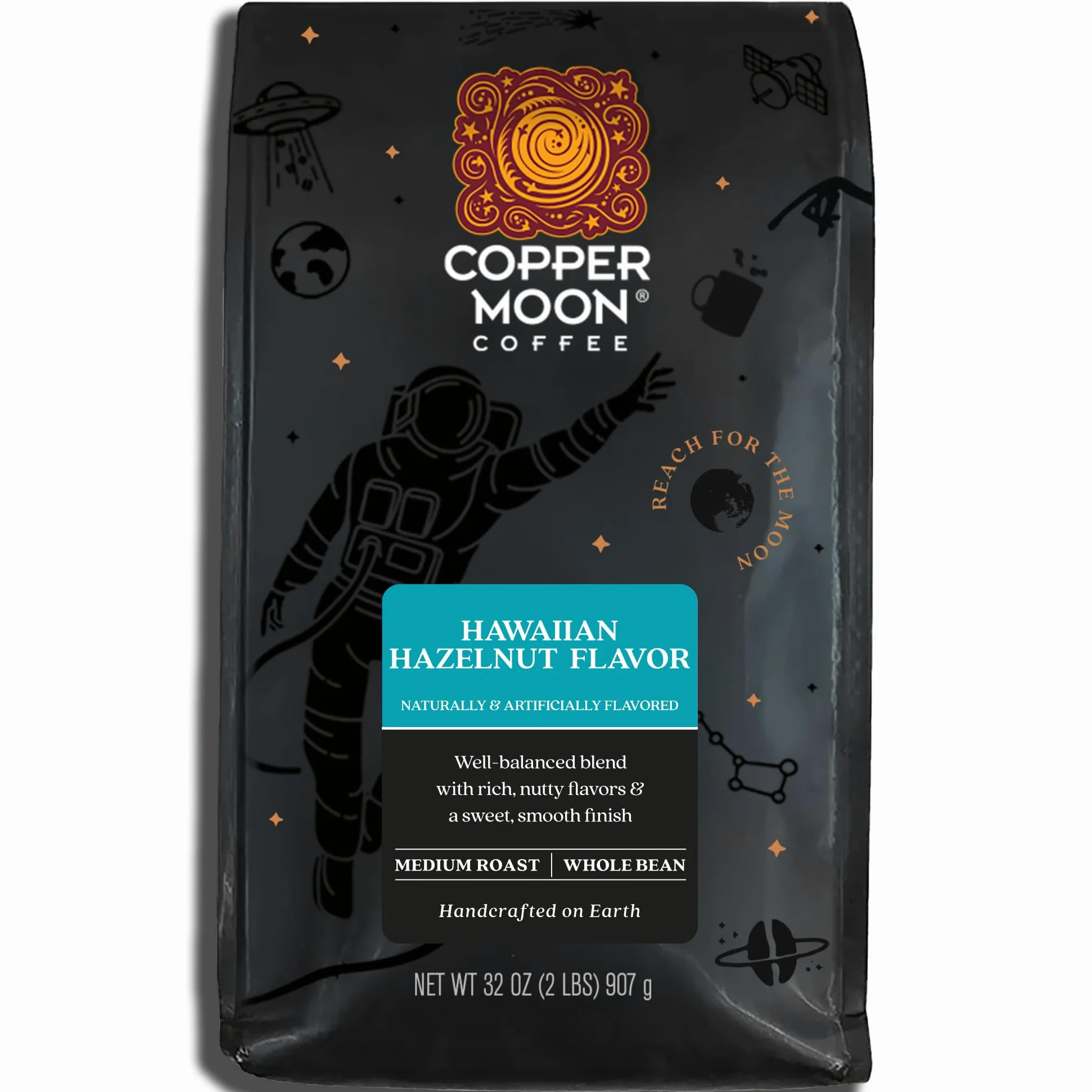 Copper Moon Café en grano entero, tostado medio, mezcla de avellanas hawaianas, 2 libras