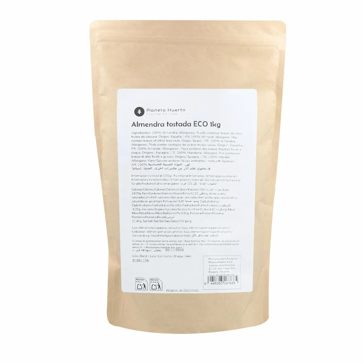 PLANETA HUERTO | Almendra Tostada con Piel Ecológica – Ideal para Recetas y Snack Saludable, Envase de 1 kg