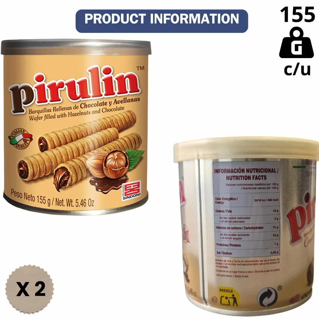 Pirulín Sindoni Pack de 2 Latas 155 g c/u | Barquillos Rellenos de Crema de Chocolate y Avellana | Snack Dulce Venezolano | Ideal para Compartir o Regalar