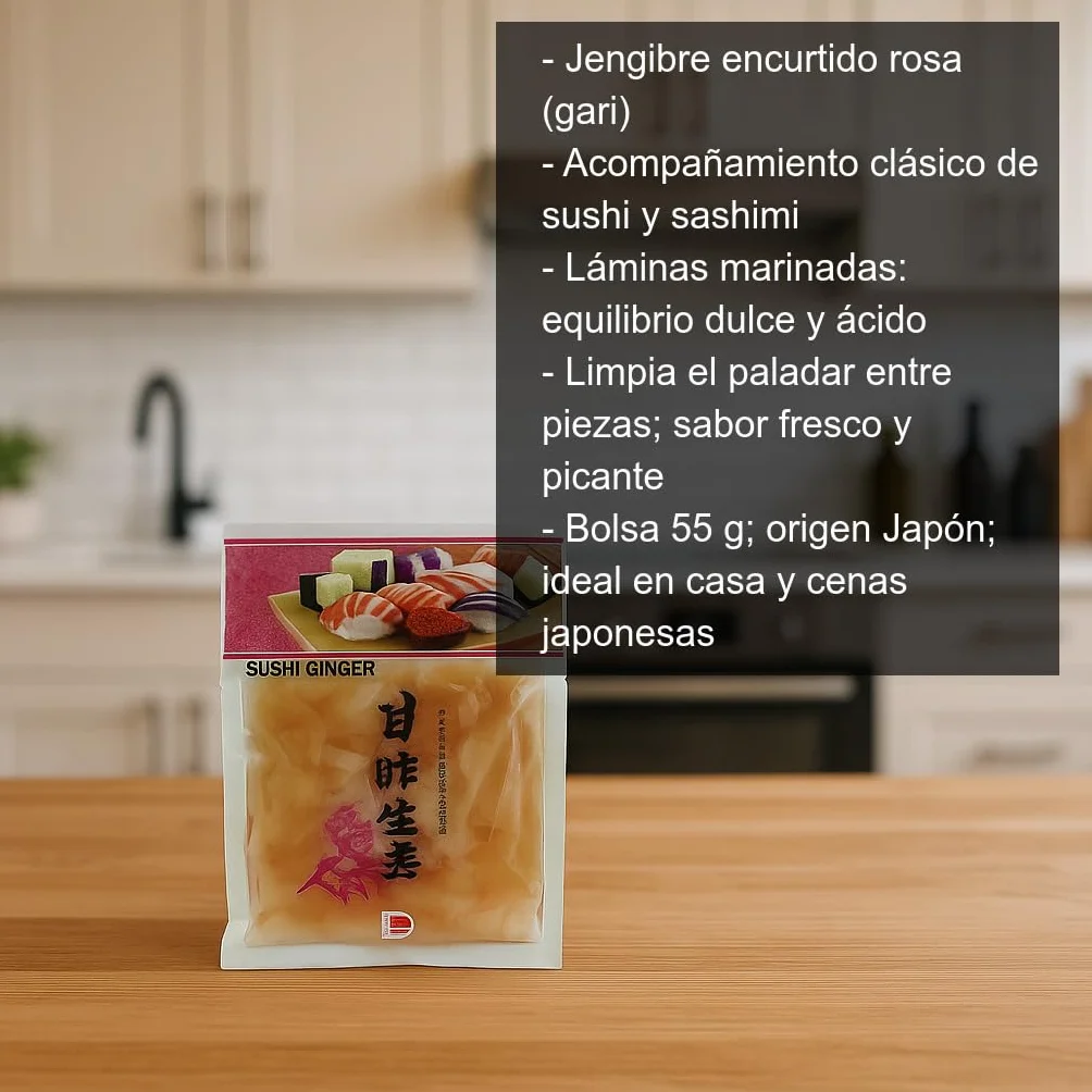 Jengibre encurtido rosa tipo gari para sushi y sashimi, pack 2x55 g, láminas marinadas agridulces, acompañamiento japonés para limpiar paladar y realzar sabores