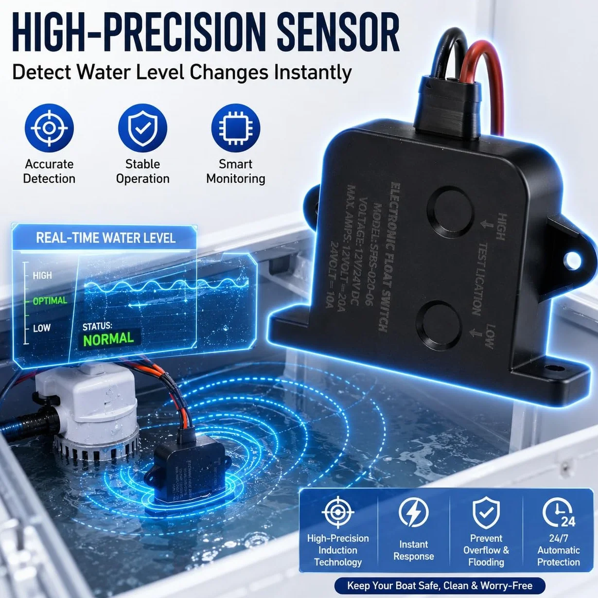 Sensor de bomba de sentina marina 24V Alarma automática Interruptor de flotador Nivel de agua para yates