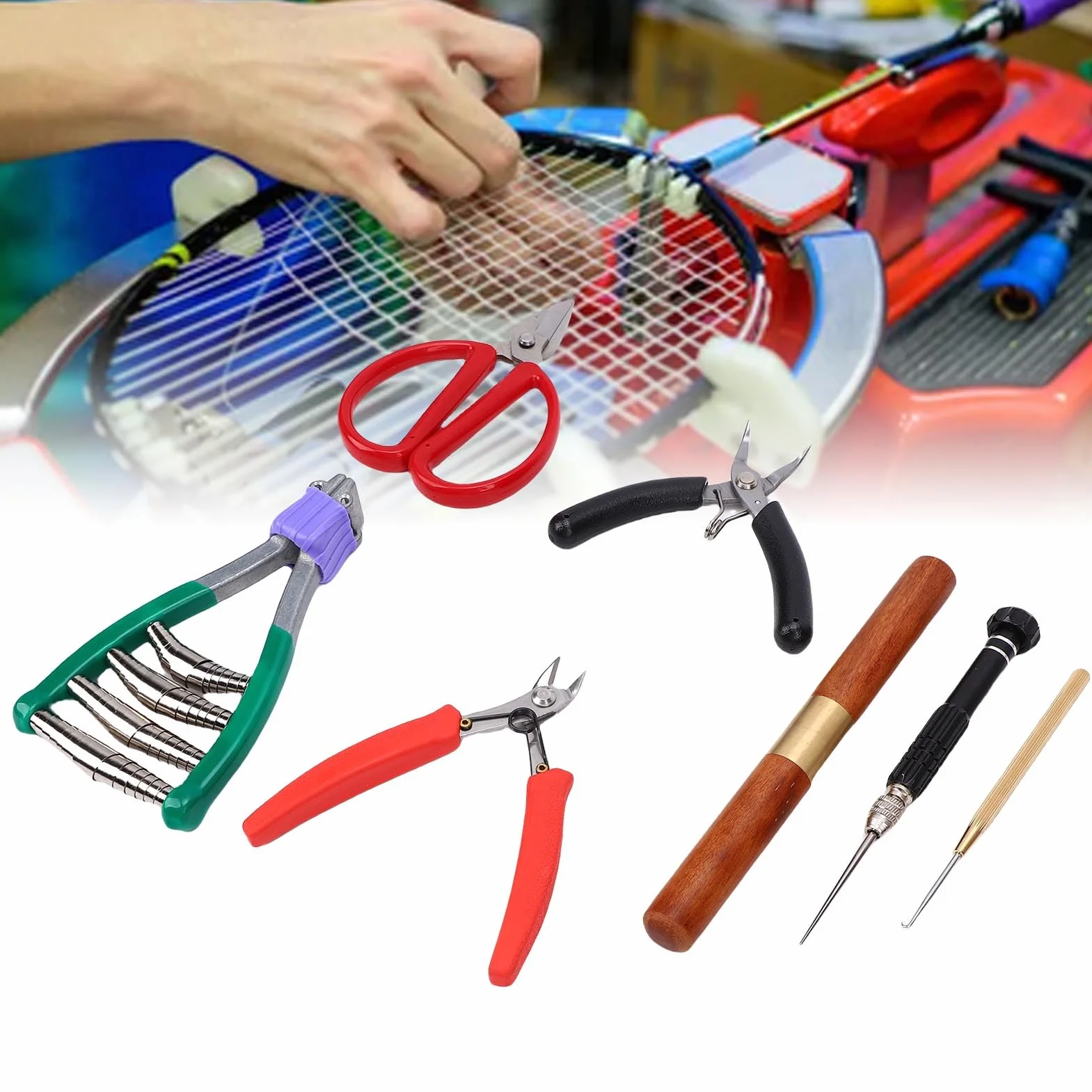 VGEBY Juego de Herramientas para Encordar Raquetas, Alicates de Punta Doblada, Alicates Diagonales, Gancho de Roscado, Abrazadera para Encordar Bádminton