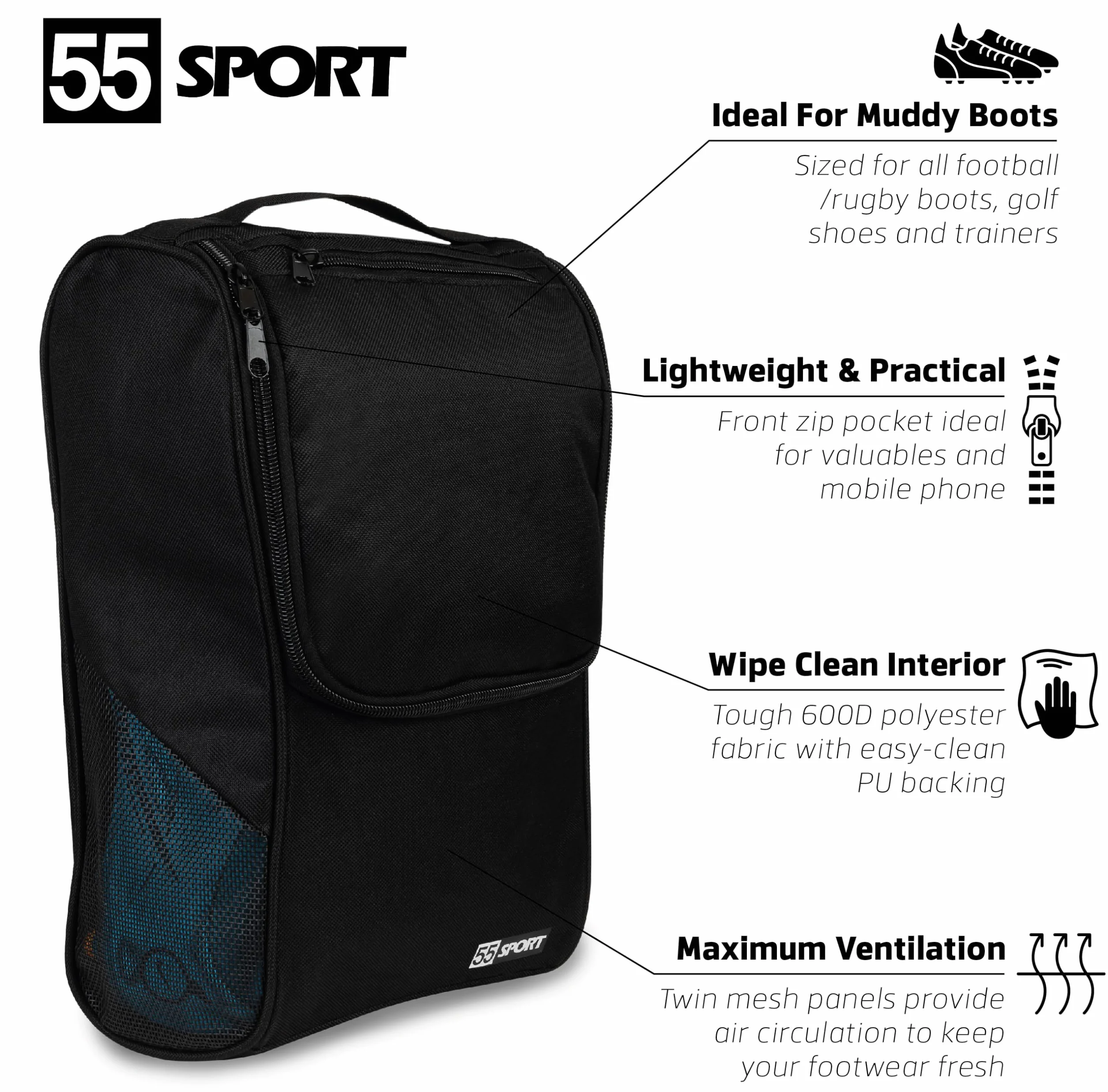 Ventilated Shoe Bag with Zipped Pocket Black
