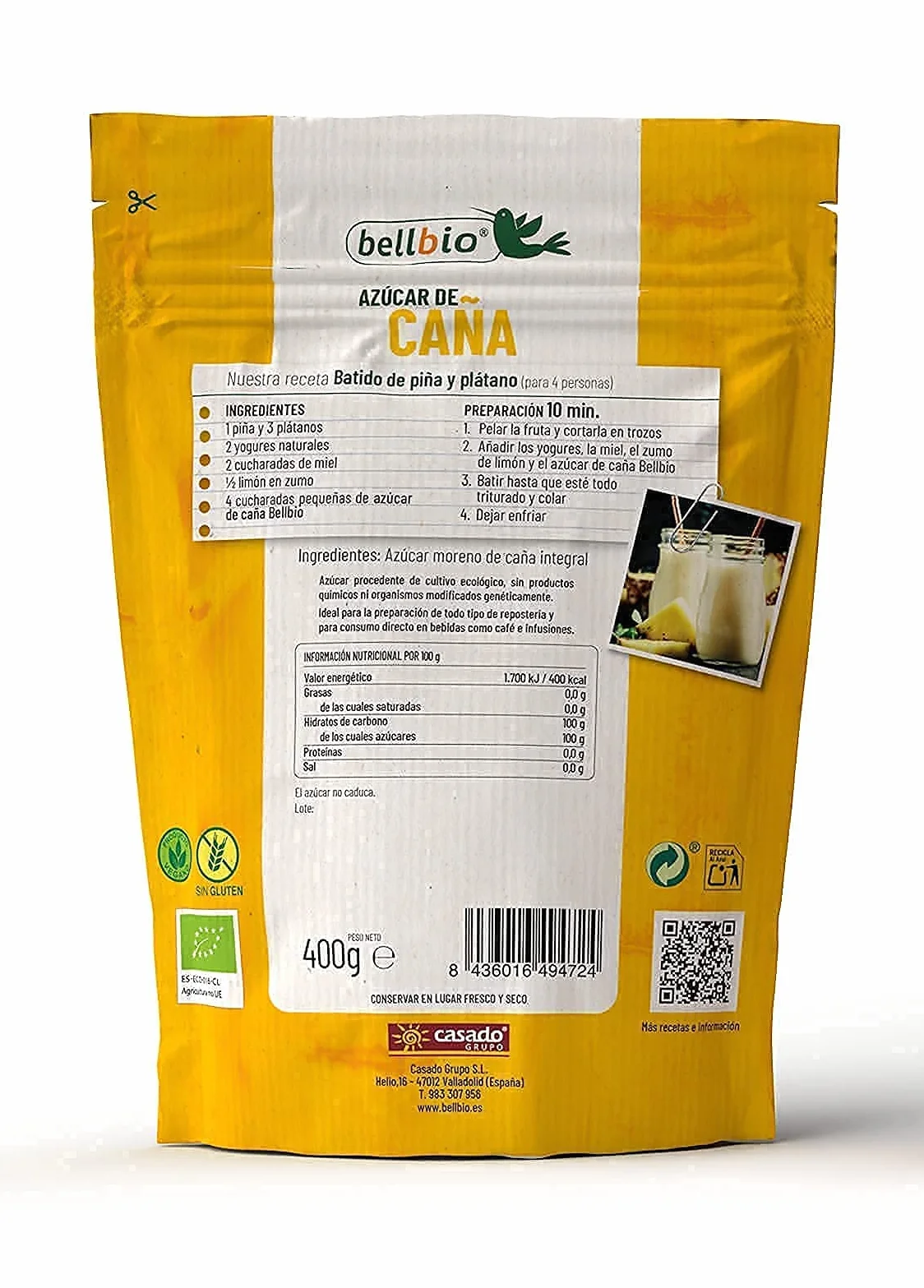 4x400g BELLBIO Azúcar de caña integral ecológico. Edulcorante 100% natural.