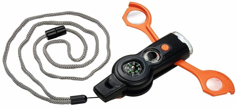 Moses Expedition Natur Survival Tool 6 in 1 - Herramienta multifunción para exploradores, compañero de viaje para exteriores y camping, Negro y Naranja