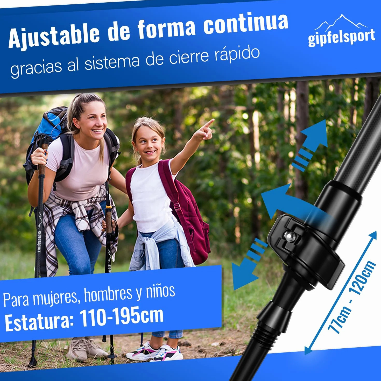 Gipfelsport Bastones de Marcha Nórdica Carbono Aluminio Telescópicos Ajustables 77-120 cm Senderismo