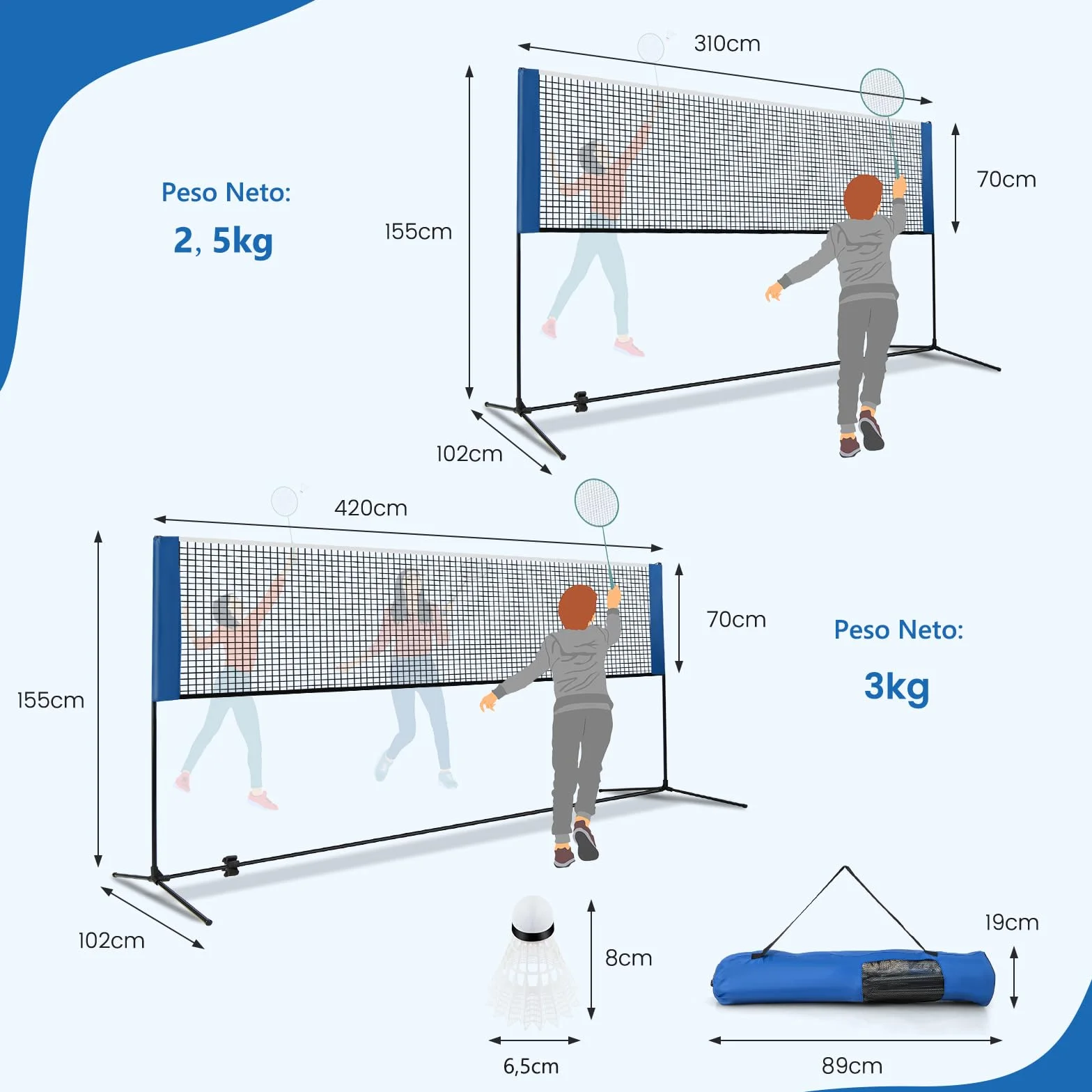 GOPLUS Red de bádminton con soporte, altura regulable 89-155 cm, bolsa de transporte y 2 volantes
