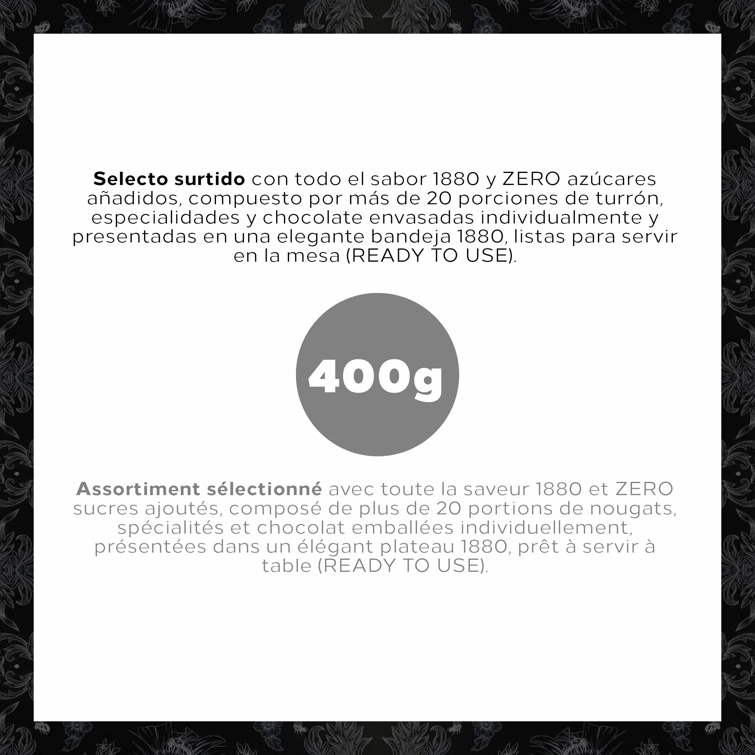1880 - Bandeja Selección 0% Azúcares Añadidos, Caja, El Turrón más Caro del Mundo, Selección Navidad Calidad Suprema, Típico Dulce Navideño, Receta Artesanal, Listo para Servir, 400g
