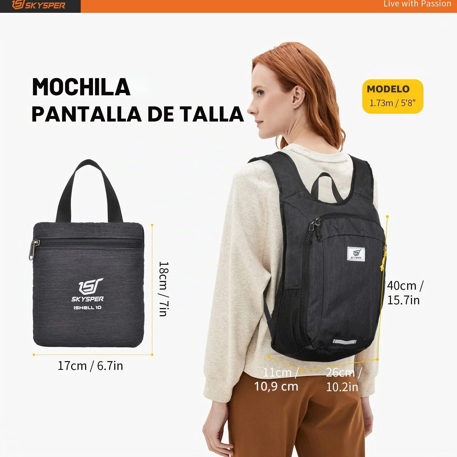 SKYSPER Mochila Plegable Ultraligera 10L de Viaje Pequeña Ahorra Espacio para Hombre Mujer Senderismo, Negro
