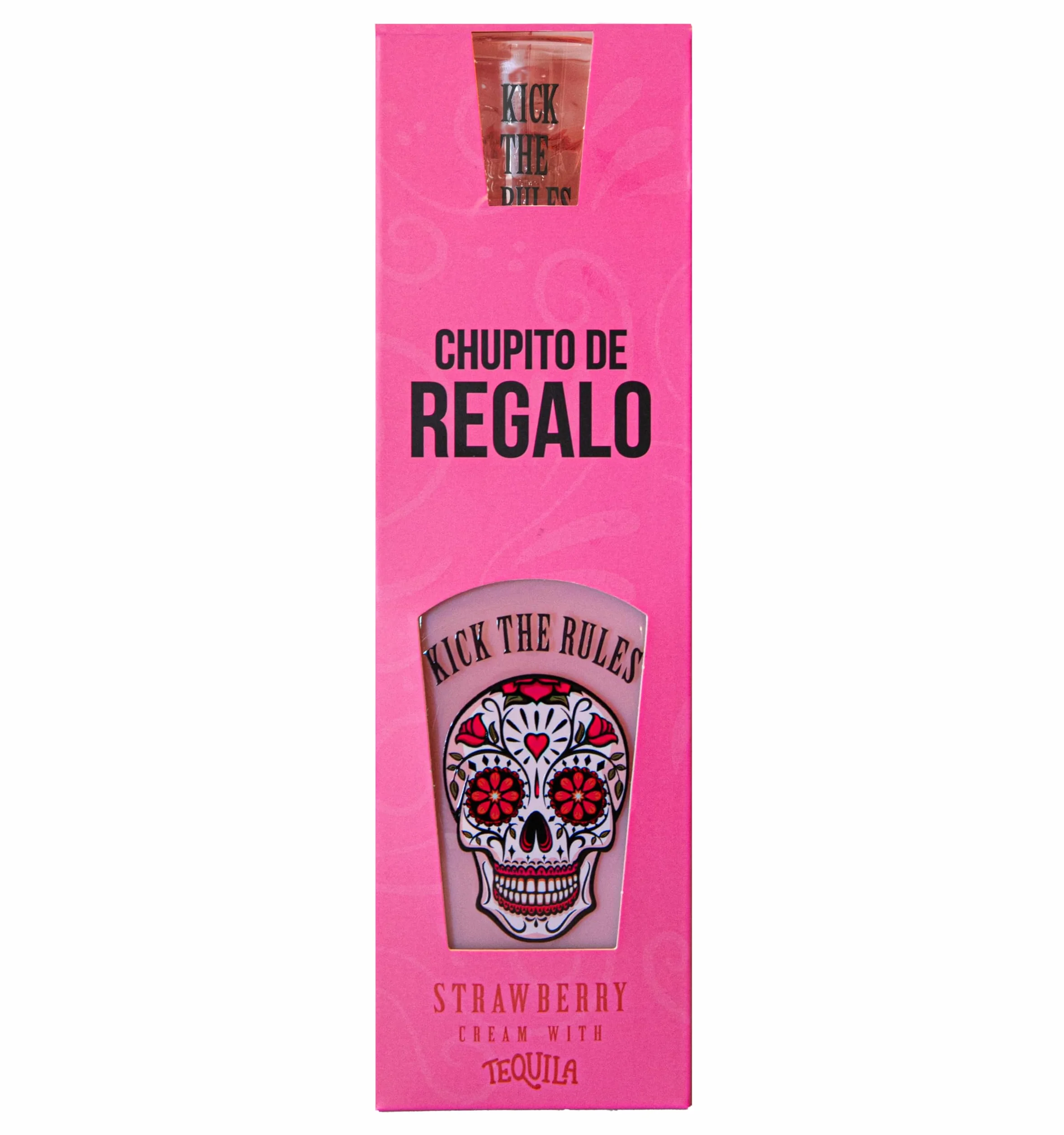 KICK THE RULES - PACK CREMA DE FRESA CON TEQUILA CON CHUPITO CALAVERA PREMIUM DE REGALO - BOTELLA DE 700mL - ESTUCHE DE REGALO