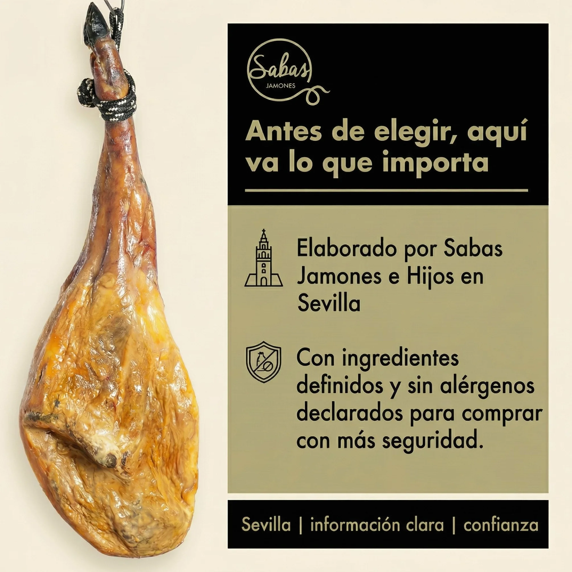 SABE A SABAS Jamon Iberico de Cebo 50% Raza Iberica Pieza Entera 8-9 kg Curacion Bodega Natural Mas de 30 Meses Sin Gluten Jugoso Gourmet Regalo Celebracion Aperitivo Navidad Tabla