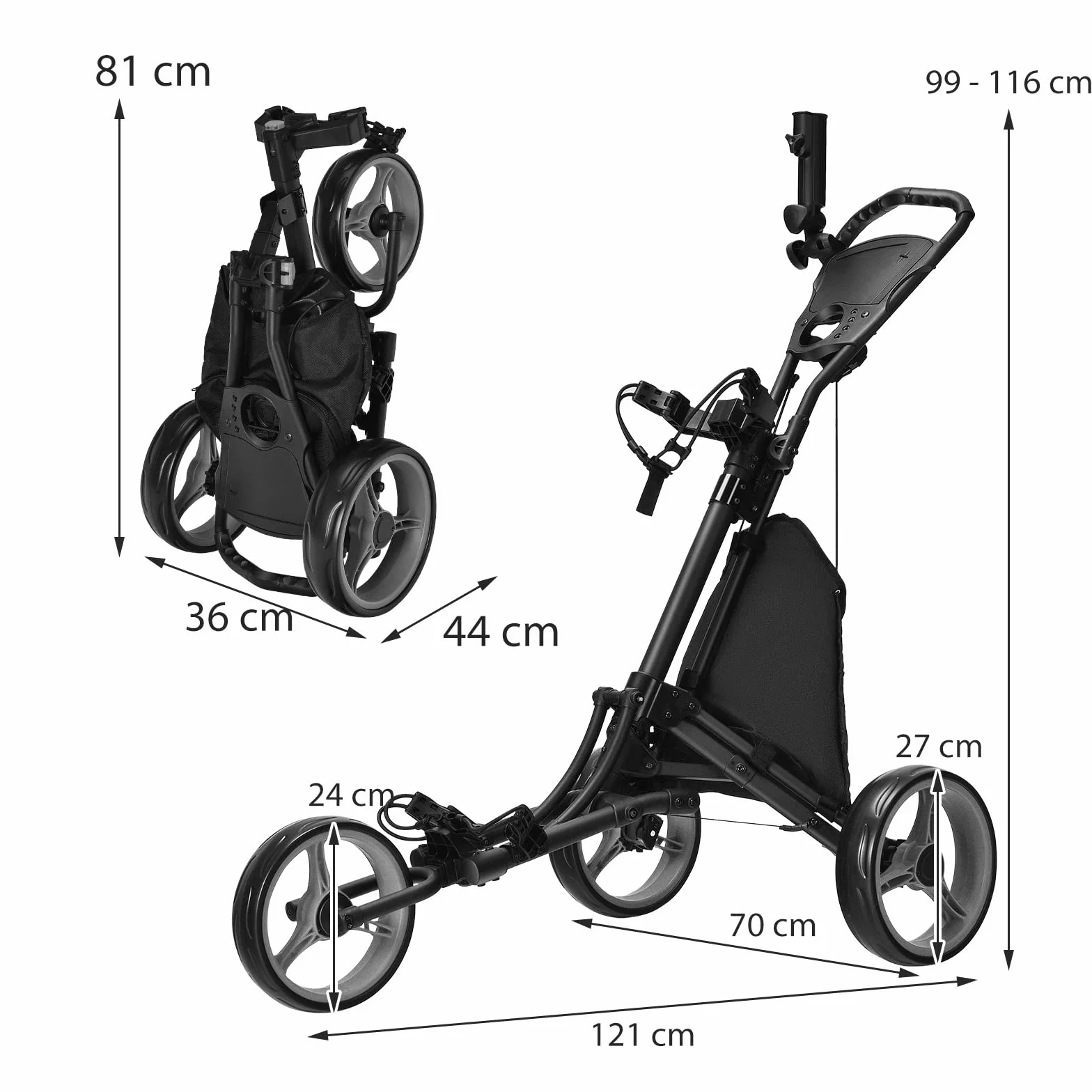GOPLUS Carrito de Golf Plegable 3 Ruedas, Altura Ajustable, Aluminio, Portaparaguas, Bolsa Impermeable, Freno Pie, 121x70x116 cm