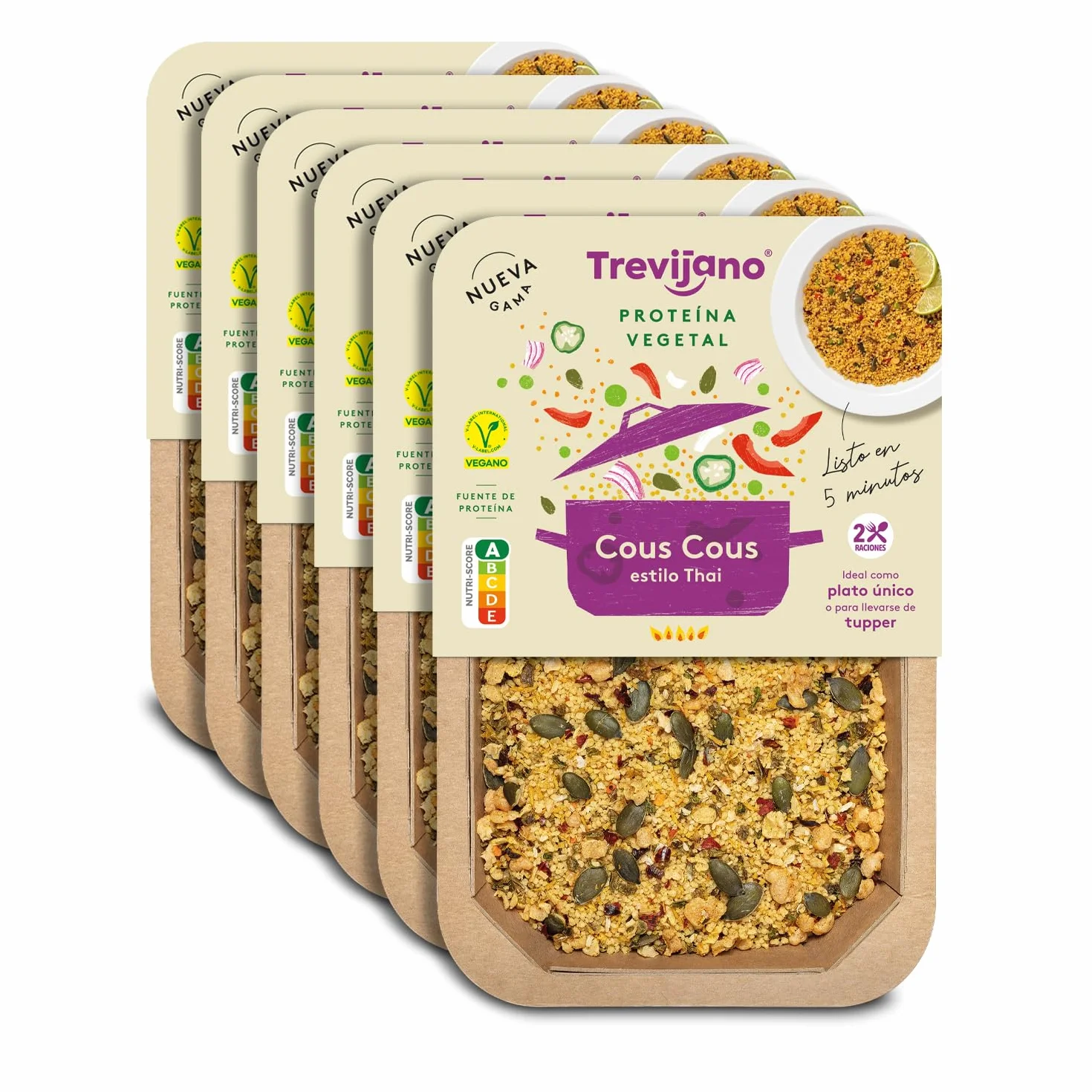 Cous Cous estilo Thai Trevijano, 6 bandejas de 250g cada una. Rapido, Saludable y además sólo lleva ingredientes naturales. Ningún aditivo.