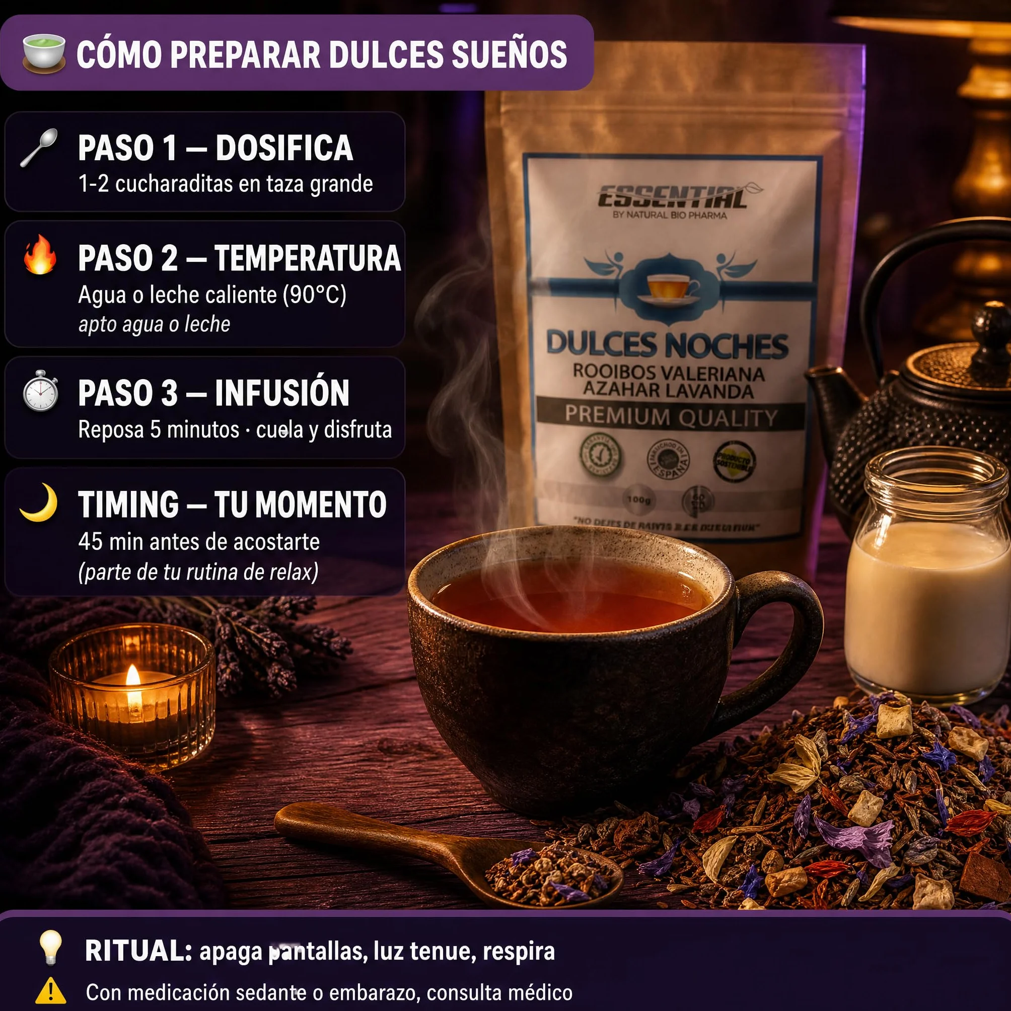 Duerme bien. Infusiones Relajantes para la Ansiedad y para Dormir Profundo toda la Noche. Rooibos de Valeriana, Lavanda, Malva, Azahar y Manzana. Sueño Profundo con esta Infusión Relajante para Dormir