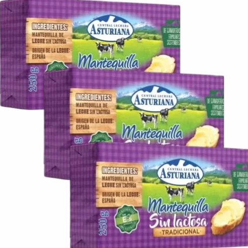 Pack 3 Mantequilla Central Lechera Asturiana 250g | Tradicional y Sin Lactosa | Formato Pastilla | Envío Refrigerado | Sabor Natural y Textura Cremosa