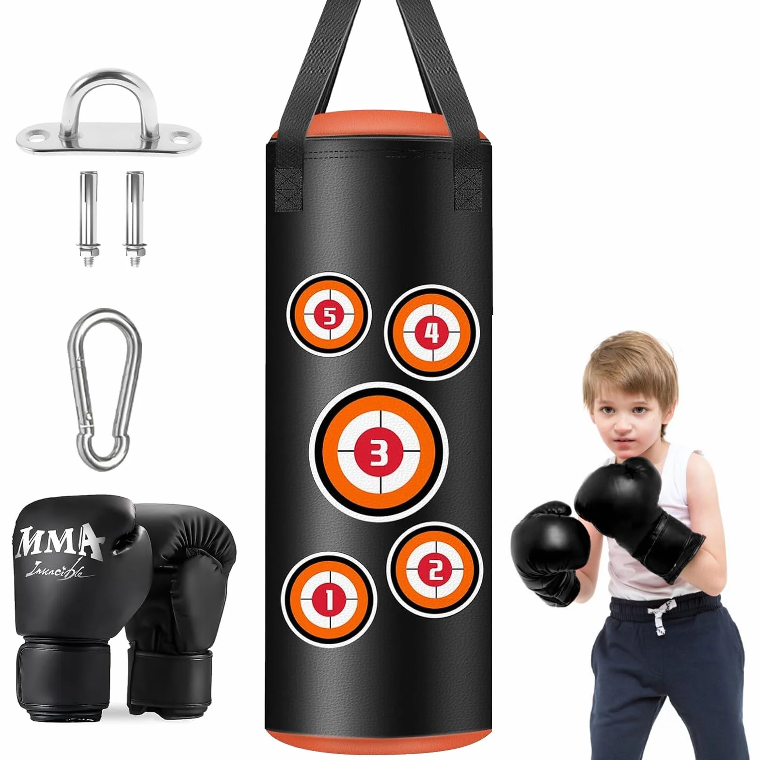 Saco de Boxeo Colgante para Niños 60cm Sin Relleno Piel de Microfibra con Guantes Cadenas Ganchos
