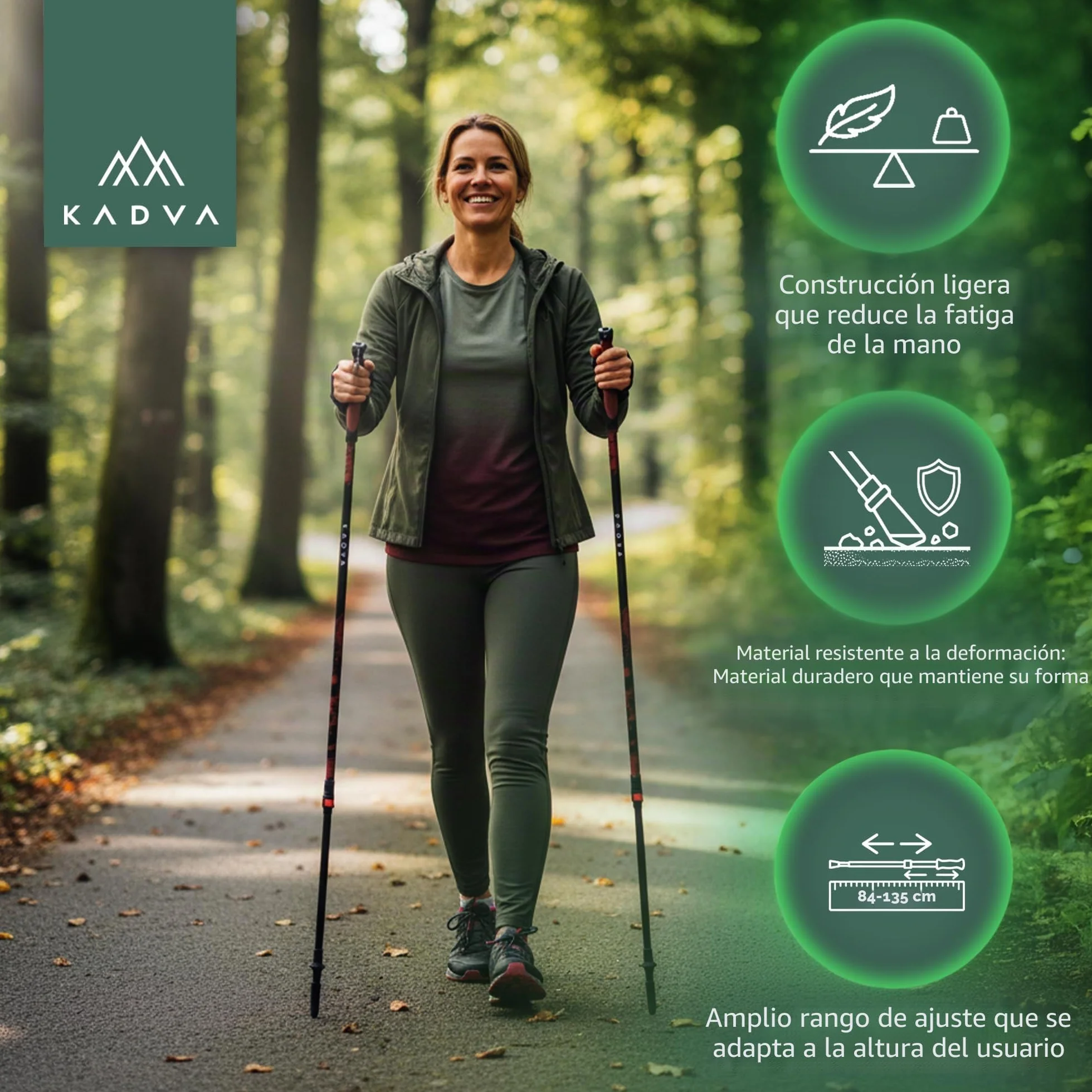 KADVA Bastones de Marcha nórdica HALNA Rojo Ajustable 84-135 cm Bloqueo rápido Mango Polipropileno TPR