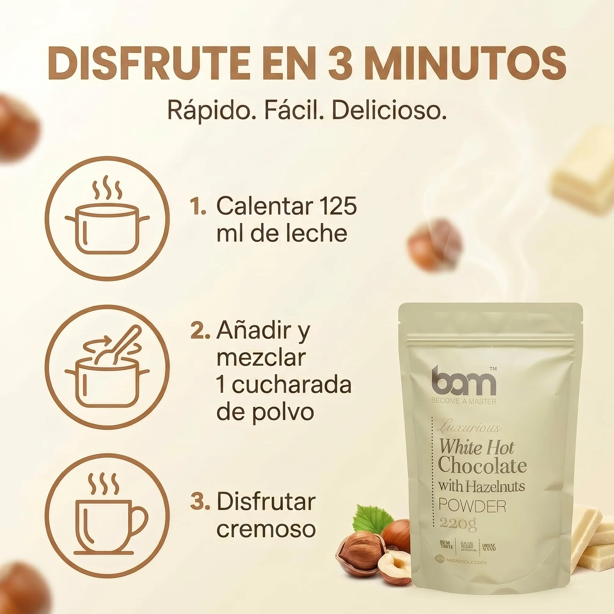 BAM Chocolate Blanco a la Taza con Avellanas, 220 g – Chocolate Caliente en Polvo – Preparado para Bebida Suave y Cremosa con Cuchara Medidora