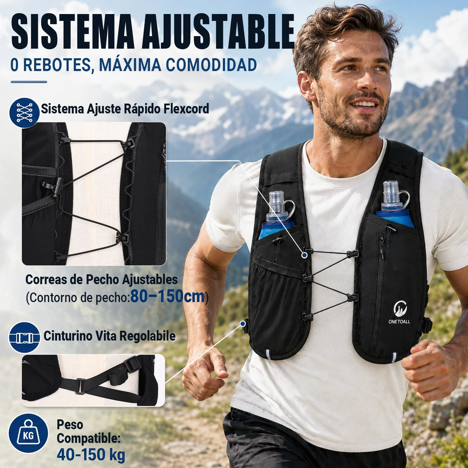 Chaleco Hidratacion Trail Running para Hombre Mujer con 2× Soft Flask 500ml y Luz LED Recargable Ultraligero