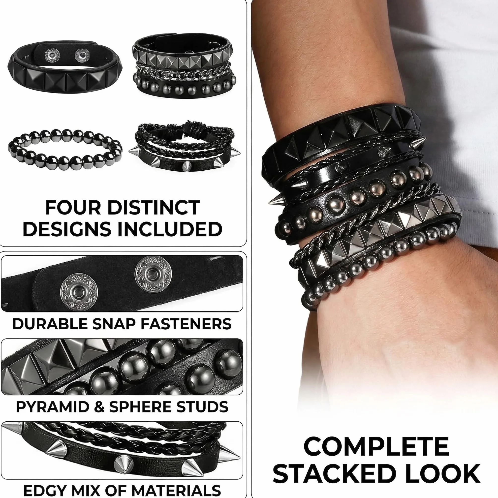 Pulseras Punk Rock de Cuero para Hombres y Mujeres – 4 Pulseras Negras con Clavos Metálicos