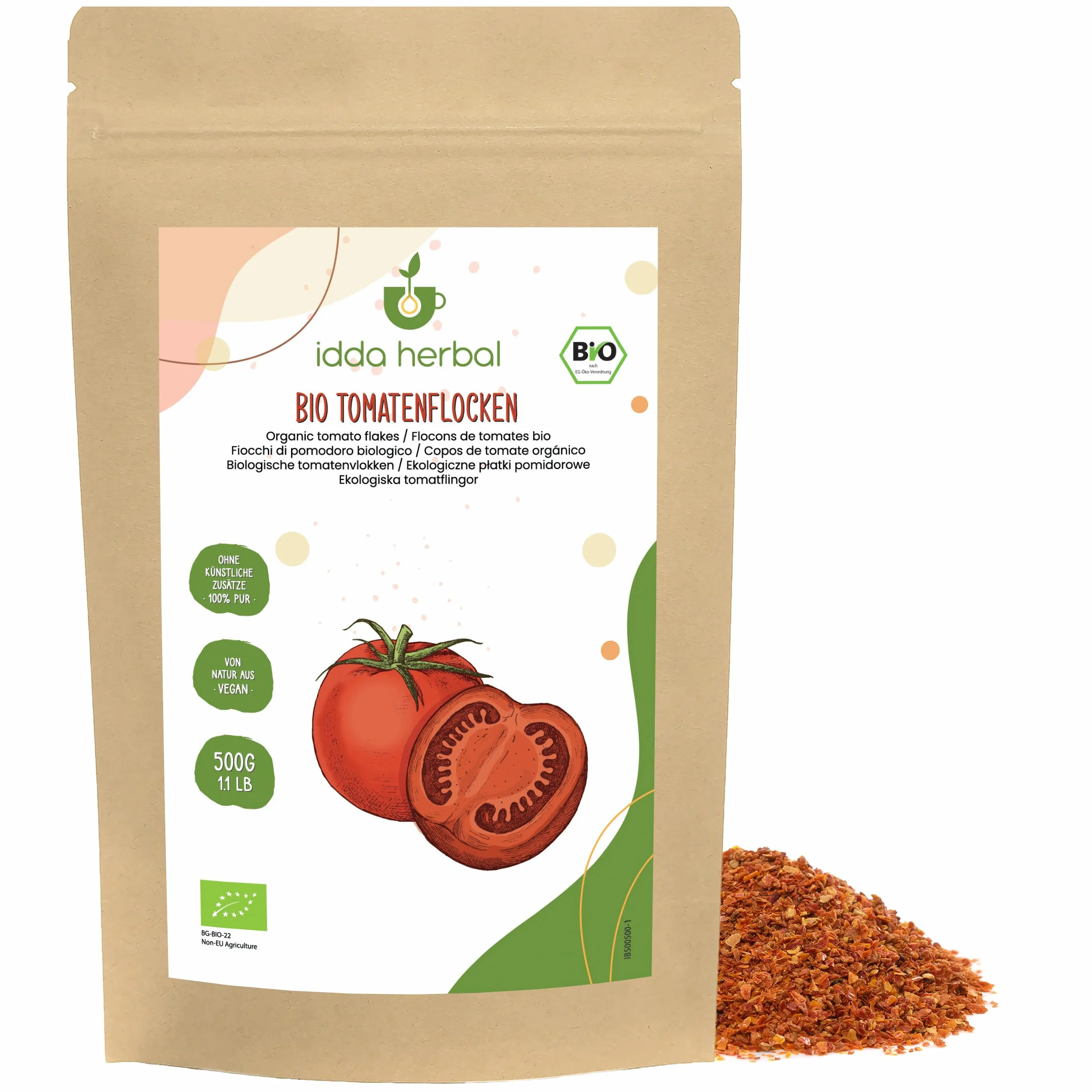 IDDA Herbal Copos de Tomate Orgánicos 500g, Trozos de Tomate, Tomates Secos Triturados para Cocinar
