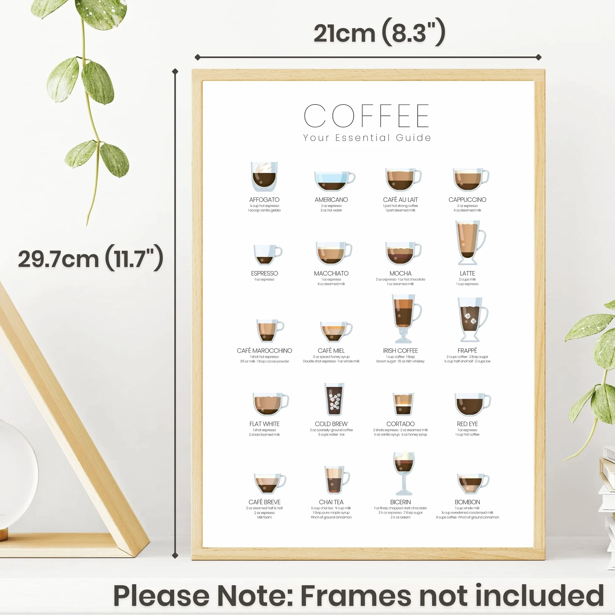 State Media Vision Póster de tipos de café, póster esencial de guía de café para la cocina, 24 maneras de hacer el café perfecto, variaciones de espresso (solo impresión A4)