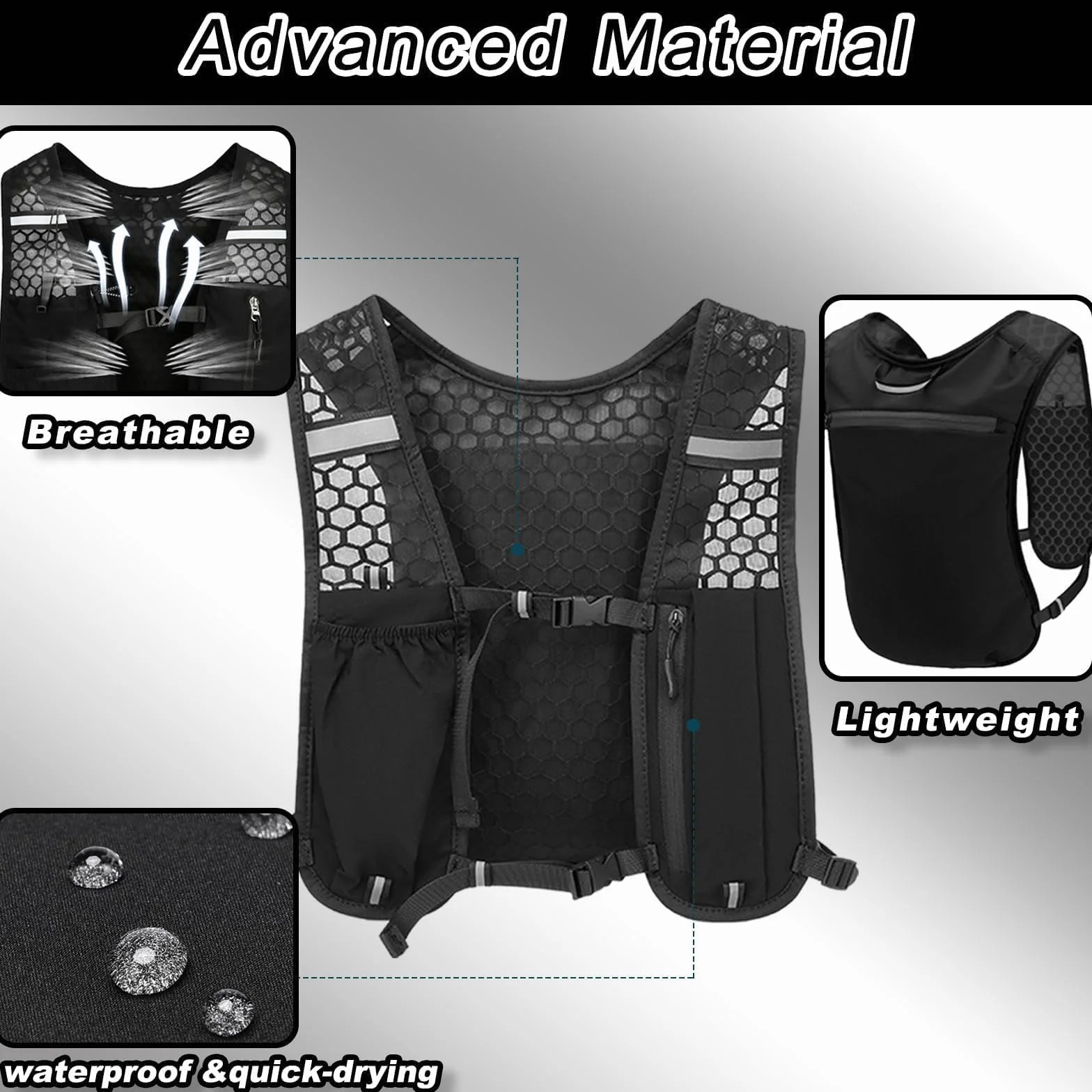 Chaleco de Hidratación para Correr, Mochila Multifunción Ligera Transpirable con Tira Reflectante Ajustable