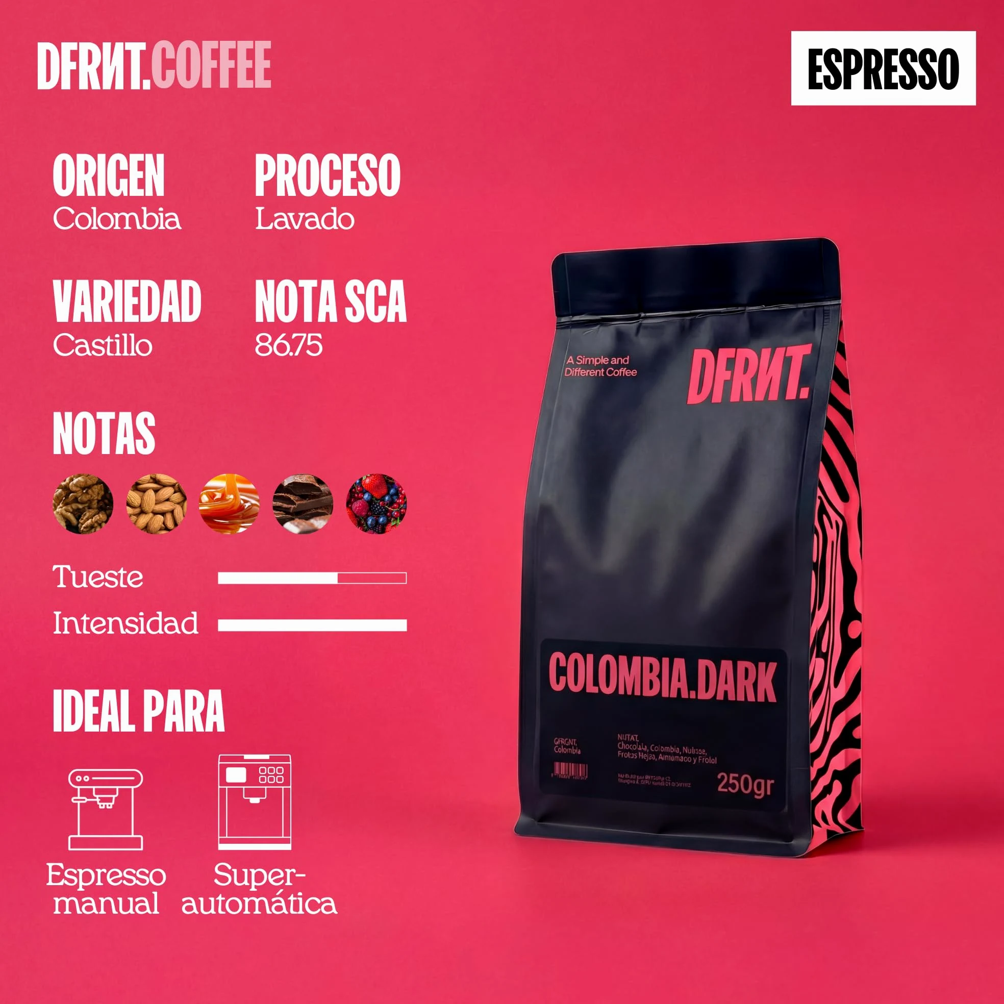 DFRNT. Colombia Espresso 1 kg – Café de Especialidad en Grano (88 Puntos SCA) – Specialty Coffee Beans 100% Arábica – Notas Chocolate y Caramelo – Ideal para Espresso – Tueste Reciente en España