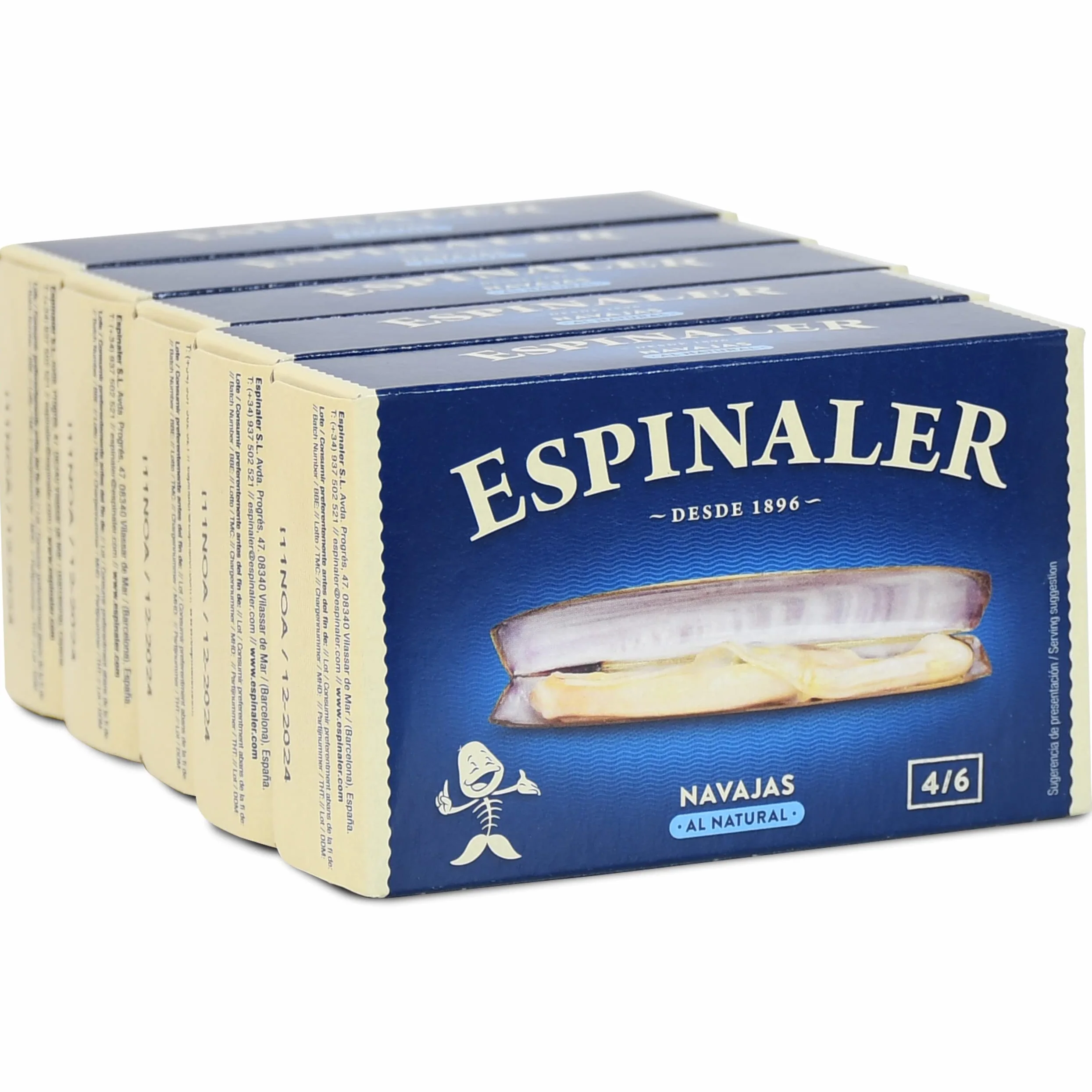 Navajas al natural Espinaler - Pack de 5 latas de 4-6 navajas - Conservas Gourmet de navajas - Navajas en conserva para tu aperitivo o para cocinar
