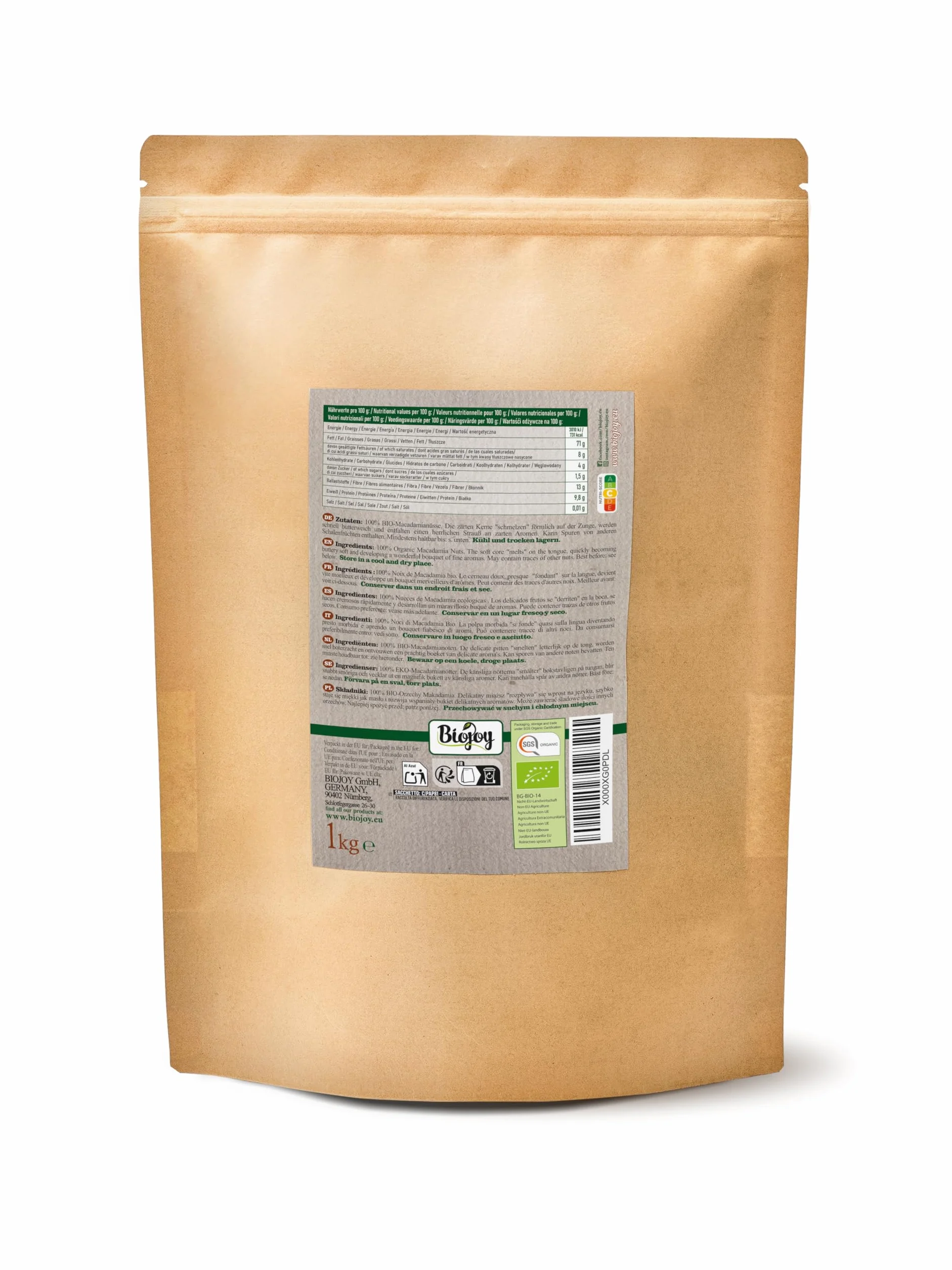 Biojoy Nueces de Macadamia Ecológicas 1 kg, crudas y enteras, sin sal
