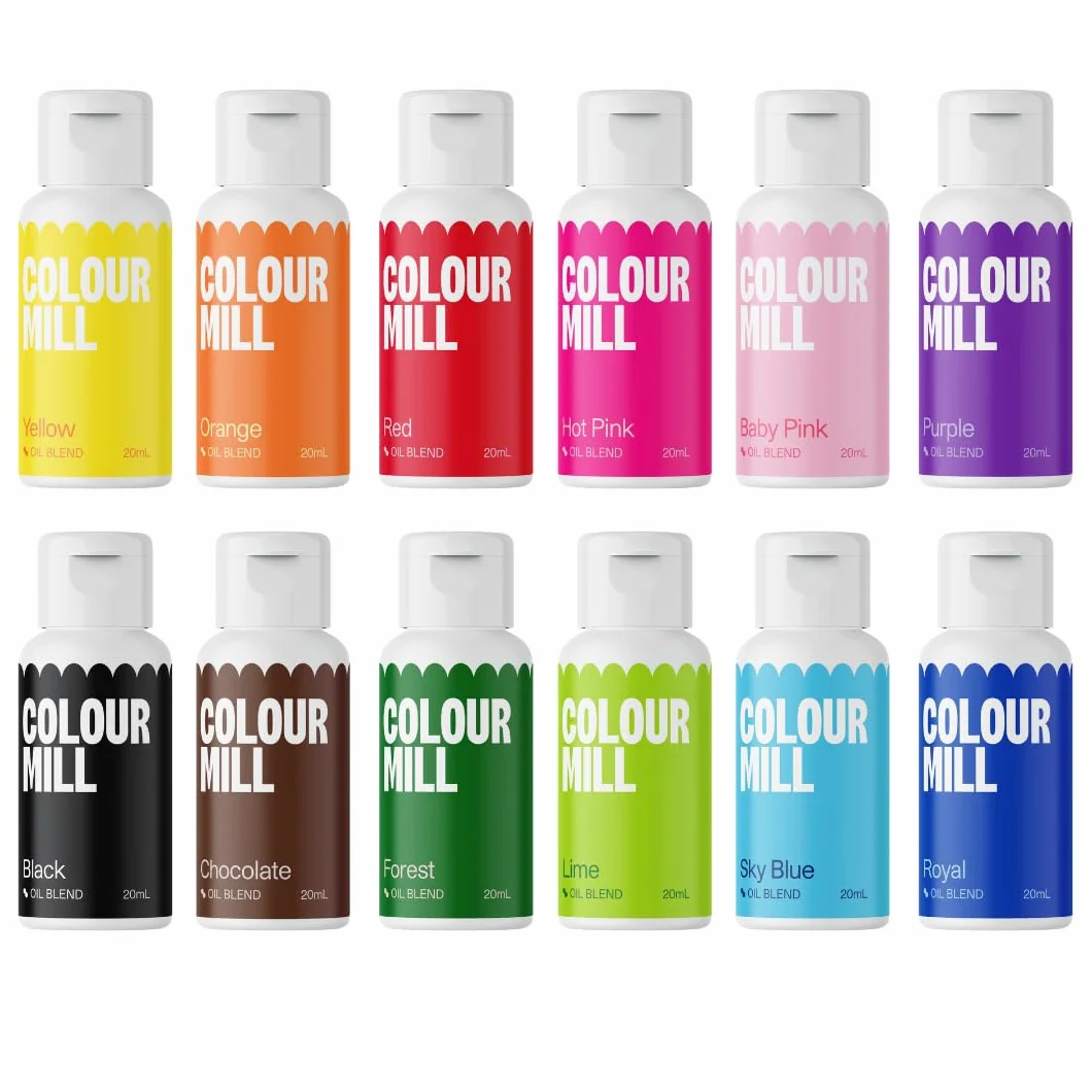 Colour Mill Oil Blend Food Colouring Set 12 x 20 ml Next Generation Food Colours Yellow Orange Red Hot Pink Baby Pink Purple Black Chocolate Forest Lime Sky Blue Royal