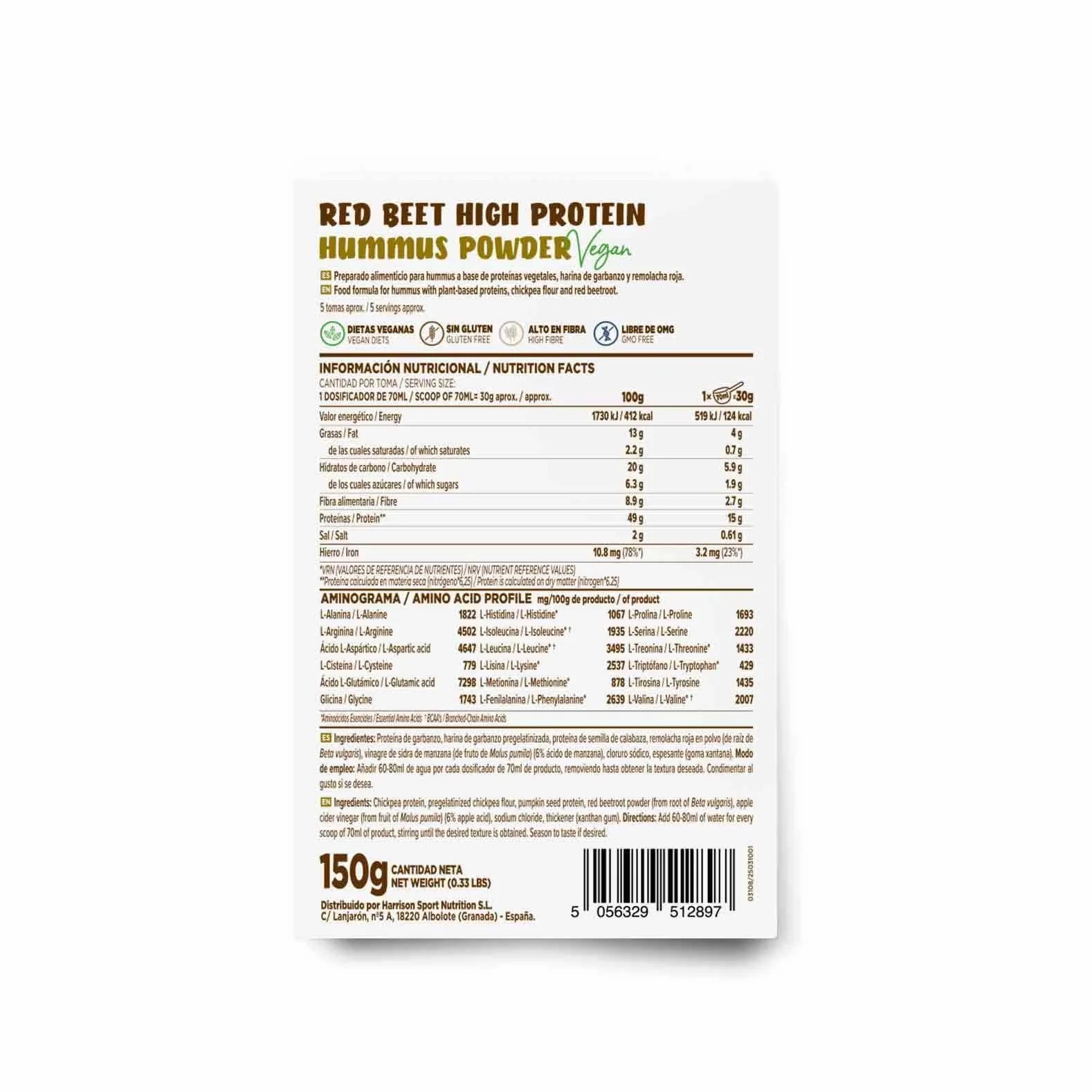 Hummus en Polvo HSN Garbanzo y Remolacha Roja 150 g 5 Tomas Alto en Proteínas No-GMO Vegano Sin Gluten