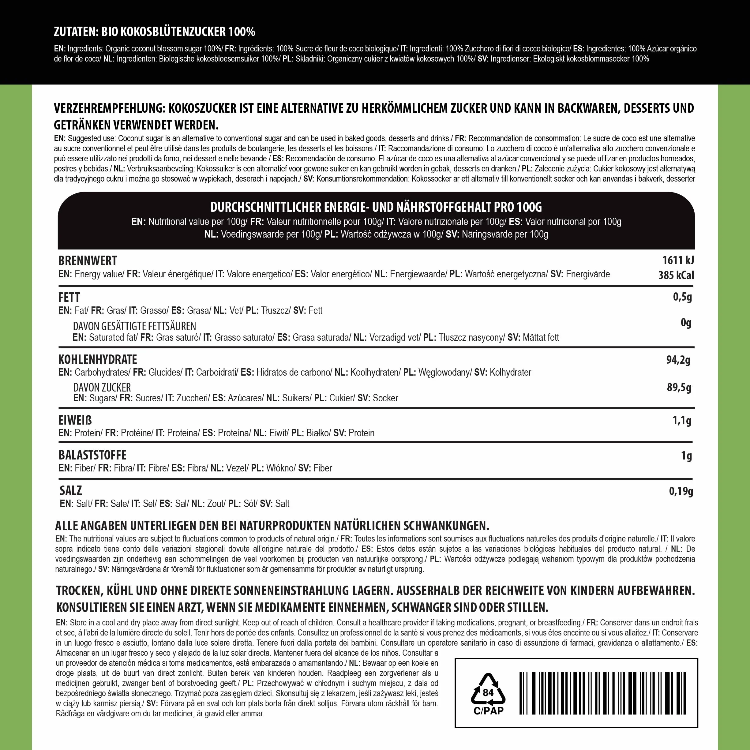 Alpi Nature Azúcar de Coco Orgánico sin Refinar 1kg, Azúcar de Flor de Nectar de Coco