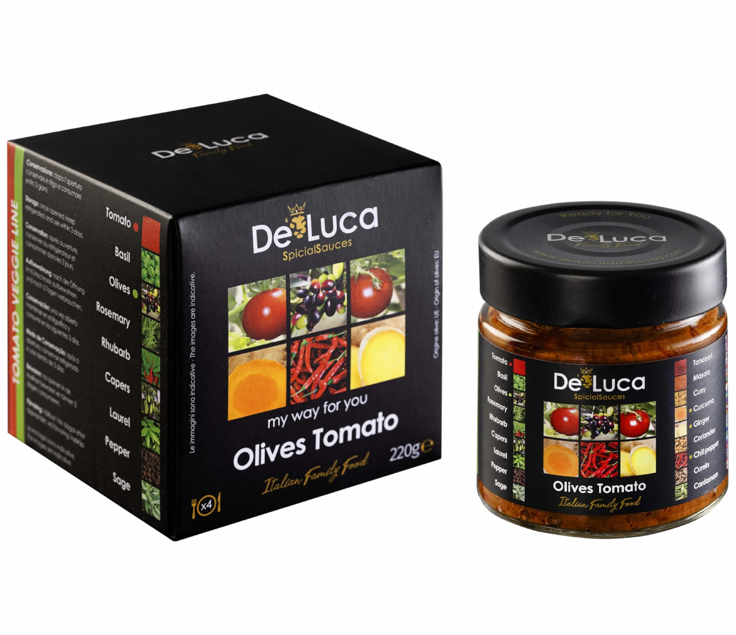 De Luca Family Food: 5 salsas Made in Italy, especiadas y listas para usar. Tomato 220gr, Tomato Tandoori 220gr, Olives Tomato 220gr, Zucchini 210gr, Mushrooms 210gr. Vegetarianos.