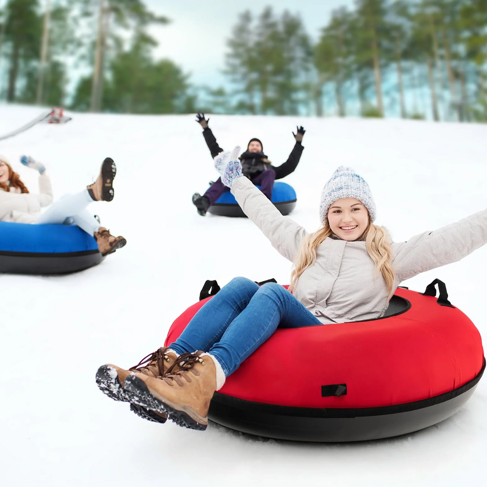 COSTWAY Trineo de Nieve Inflable φ100 cm, Tubo de Nieve para Niños y Adultos con Fondo Duro