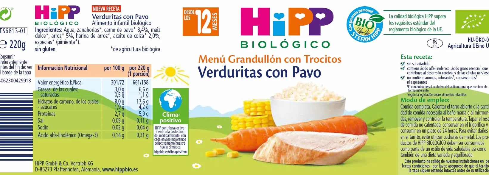 HiPP Biológico - Tarrito De Verduras con Pavo BIO - Menú Grandullón con Trocitos - Pack 6x220g - Ingredientes de Producción Ecológica - Sin Gluten - A Partir de 12 Meses